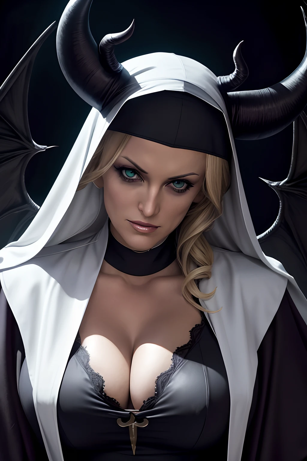Stormy Daniels: The evil nun,en robe de nonne sexy, Two Demon Horns on the head, demon wings, diabolique, insidieux, Dark and Sinister Satanic Church