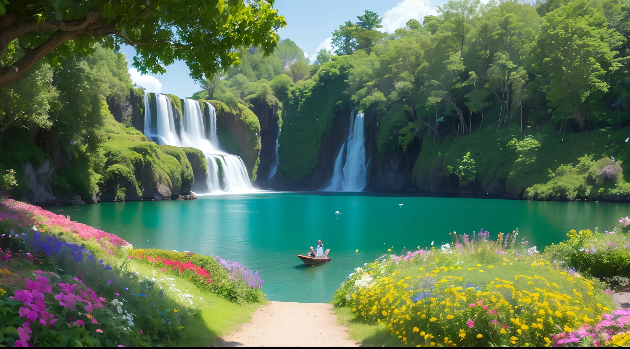 (1 girl:1.5), masterpiece, extremely detailed CG unity 8k wallpaper, masterpiece, best quality, high quality, extremely detailed CG unity 8k wallpaper, An extremely colorful and purely fantasy environment with vibrant hues and a bright sky, landscape of bright green grass, colorful trees, glittering fruits, and bright blue flowers. The streams are a deep shade of blue, and the air is filled with sweet exotic scents. The environment appears to be taken out of a dream, with luminescent butterflies and giant colorful birds flying around, award winning photography, Bokeh, Depth of Field, HDR, bloom, Chromatic Aberration ,Photorealistic,extremely detailed, trending on artstation, trending on CGsociety, Intricate, High Detail, dramatic, art by midjourney