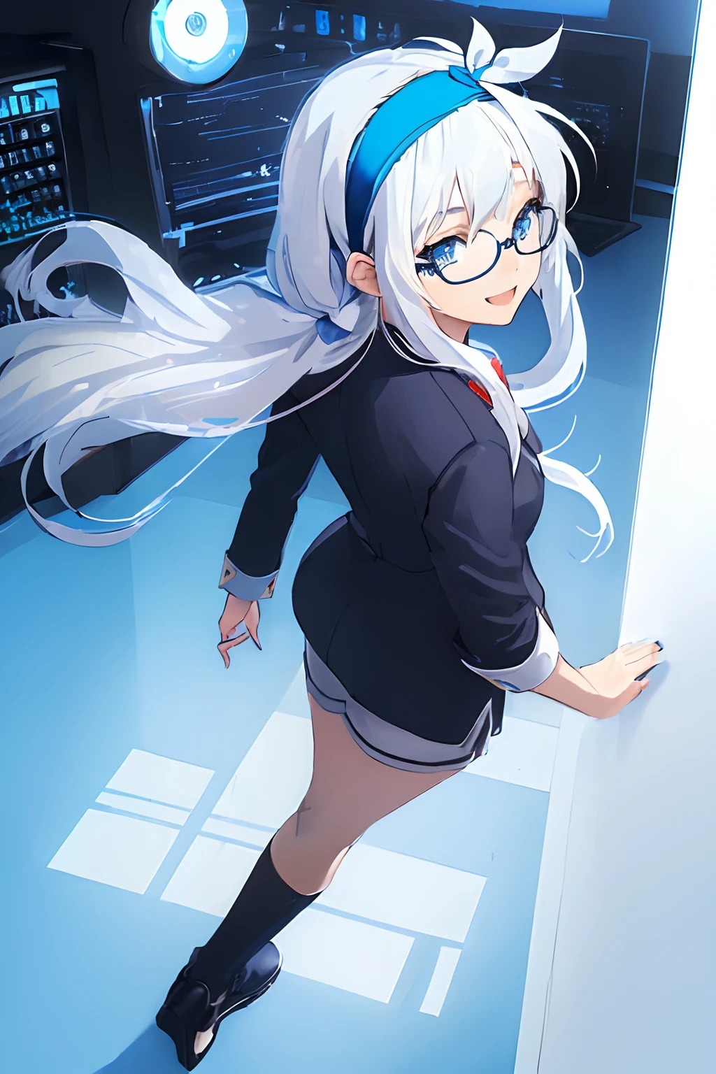((((1 girl)))), ((((solo)))), fullbody, ((((white hair)))), long hair, ((((blue hairband)))), ((((blue eyes)))), happy, smile, 18 year old, dynamic angle, suit, round glasses, office, personal computer, business, from behind