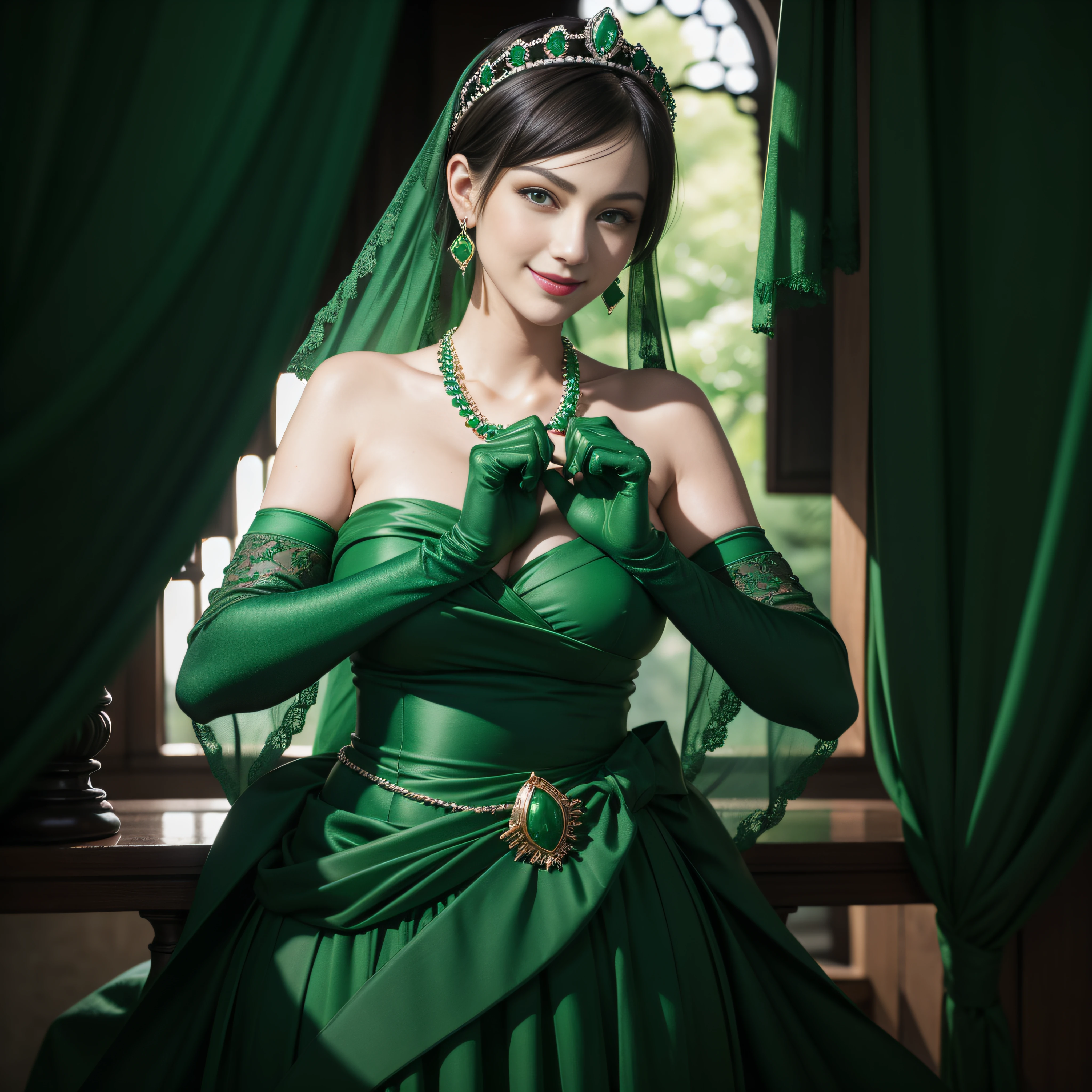 emerald tiara, Green Pearl Necklace, Boyish very short black hair, lipsticks, Japan woman smiling, very short short hair,  big breasts beautiful, Green eyes, Long green gloves made of satin material, Green eyes, Emerald Earrings, Day Church, Pregnant Woman