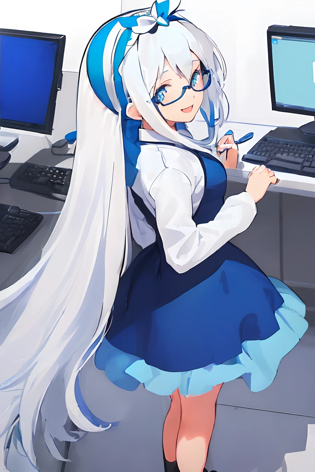 ((((1 girl)))), ((((solo)))), fullbody, ((((white hair)))), long hair, ((((blue hairband)))), ((((blue eyes)))), happy, smile, 18 year old, dynamic angle, suit, round glasses, office, personal computer, business, from behind