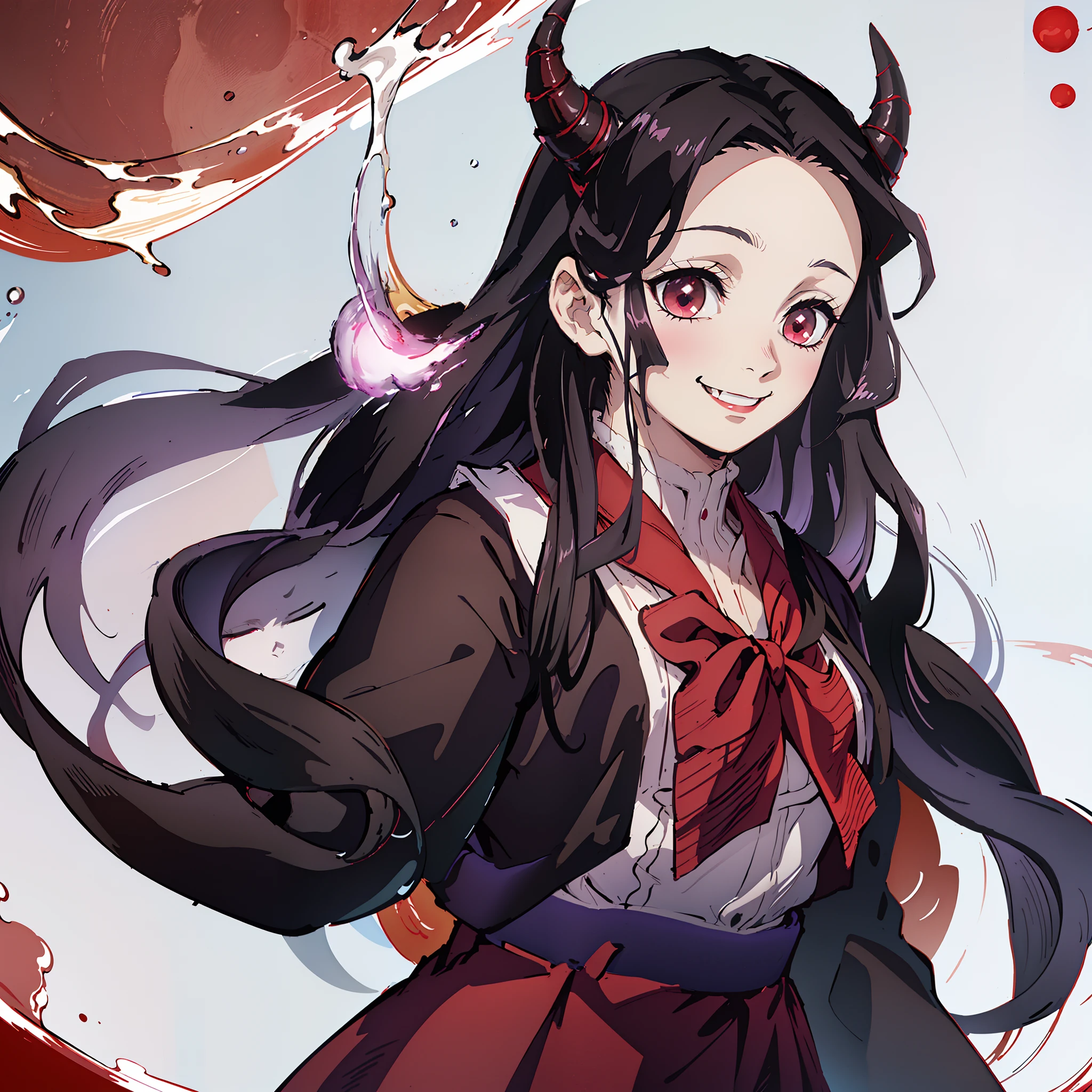 (masterpiece, best quality:1.2), kimetsu no yaiba style, kamado nezuko, (1girl, solo), 18years old, upper body, (sailor suit, school uniform), (black long hair, wave hair), forehead, (red demon horns, red eyes), (evil smile:1.2), long fangs, victory sign, (park background:1.3)