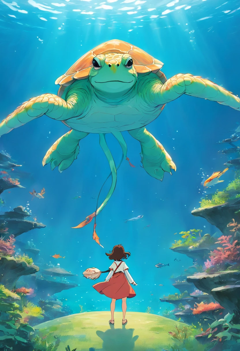 A beautiful monster,adolable,The upper body is a turtle,The lower body is a frog,Fantastical colors,natural,Take the Sea King Trident,Standing on the surface of the sea