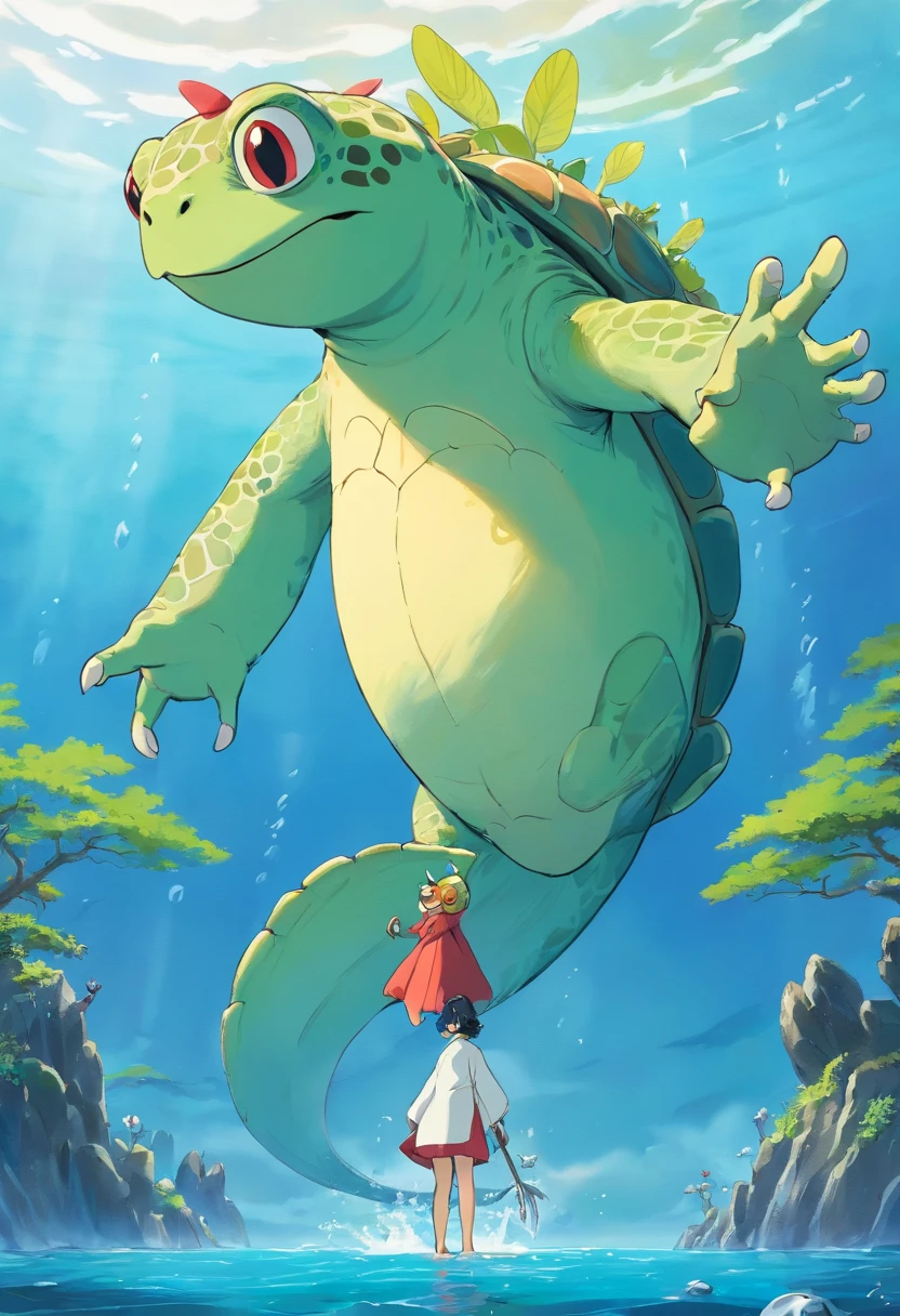 A beautiful monster,adolable,The upper body is a turtle,The lower body is a frog,Fantastical colors,natural,Take the Sea King Trident,Standing on the surface of the sea