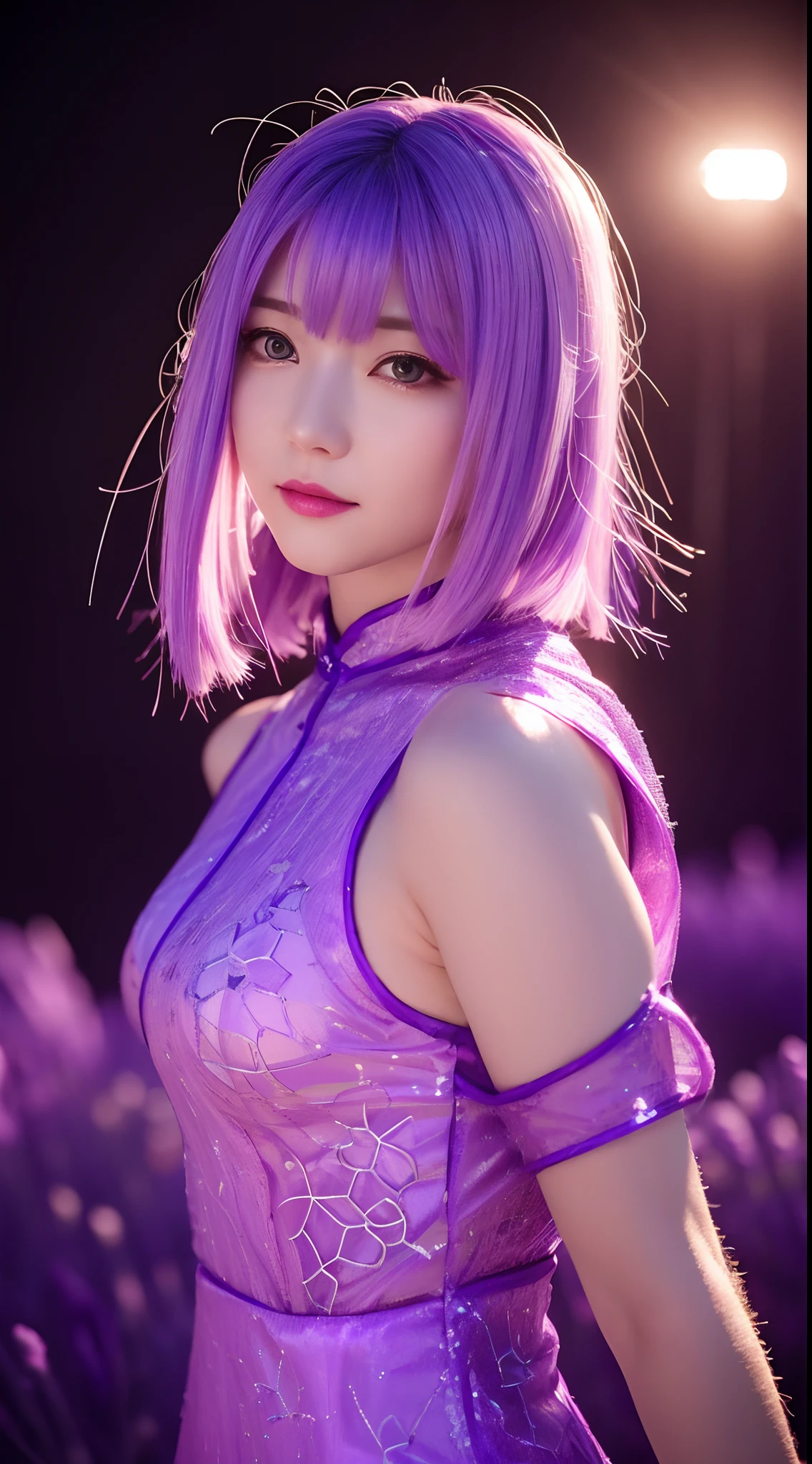 (lavender hair, Shining, reflective light), (Purple eyes, vibrant, Glowing), fond violet,Sexy openwork cheongsam， Cinematic lighting