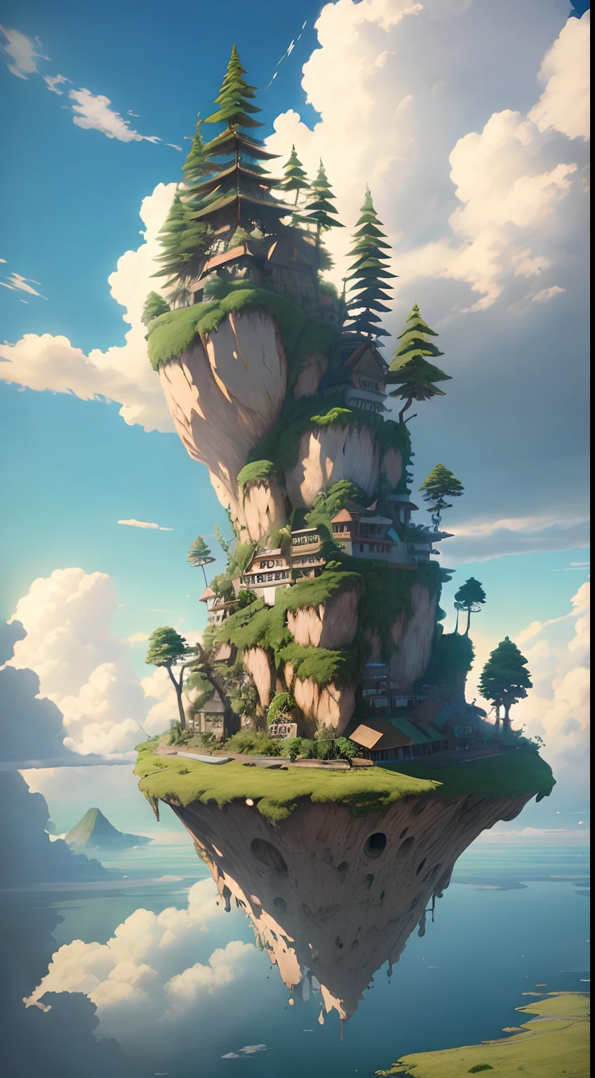 (((Laputa))), floating in ((air)), Hayao Miyazaki style, Studio Ghibli, Unreal Engine 5, ((clouds)), ((sunlight)), ultra-detailed, most Good picture quality.