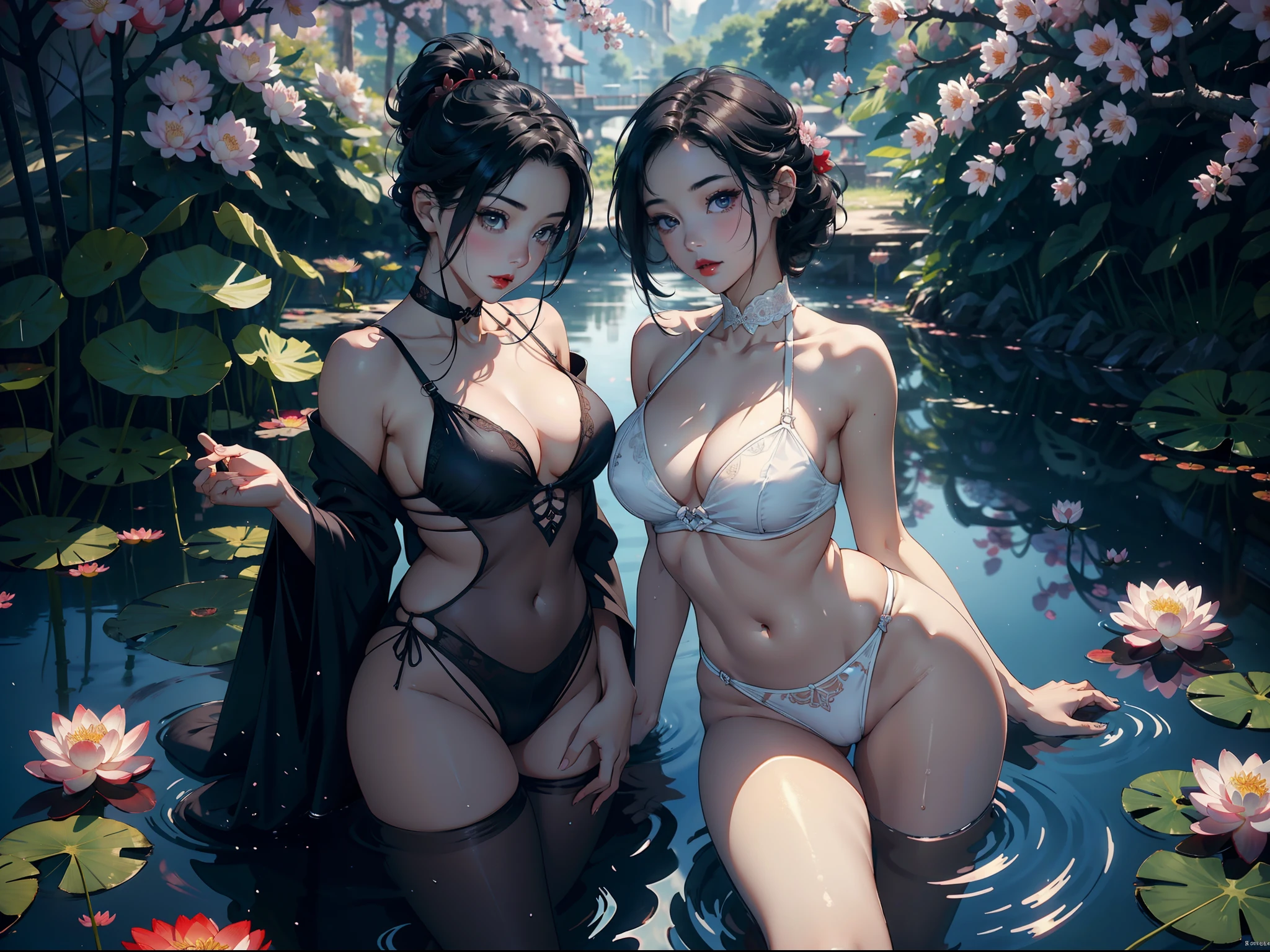 (Background with:ponds,Cherry blossom forest,lotus flower)Lie underwater, She has short black hair,seen from the front,, mostly cloudy sky,(((tmasterpiece),(Very detailed CG unity 8K wallpaper),best qualtiy,cinmatic lighting,detailed back ground,beatiful detailed eyes,Bright pupils,Black eyes,Snow-whiteskin,Redlip(Very fine and beautiful),(Beautiful and detailed eye description),ultra - detailed,tmasterpiece,))facing at camera,A high resolution,ultra - detailed),revealing breasts,Bare genitalia, Bulge,legs are open,Raised sexy,Camel toes,Desire for dissatisfaction,frontage,(Wearing:shairband,Transparent maid outfit。Bare )