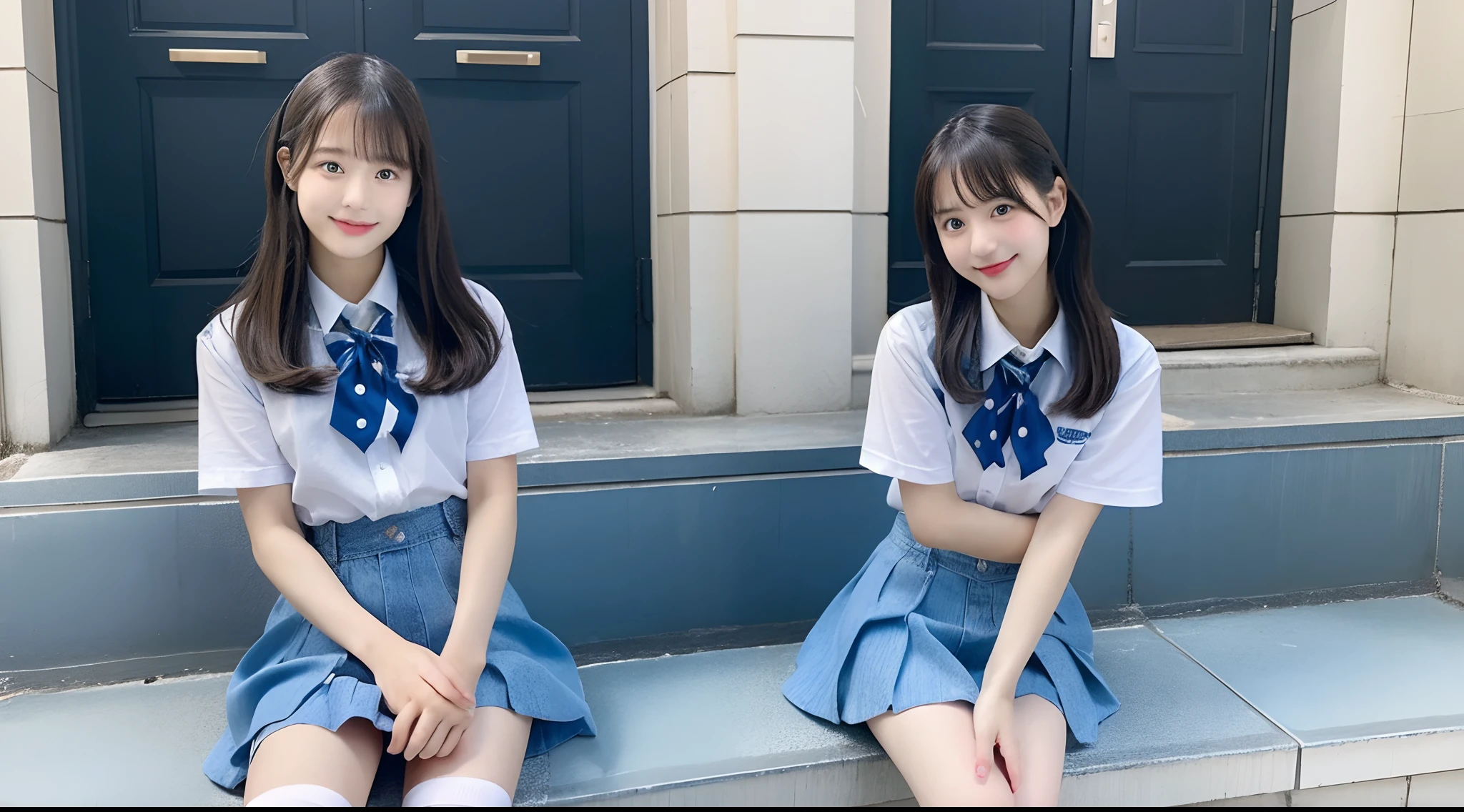 18-year-old high school girl in a light blue miniskirt