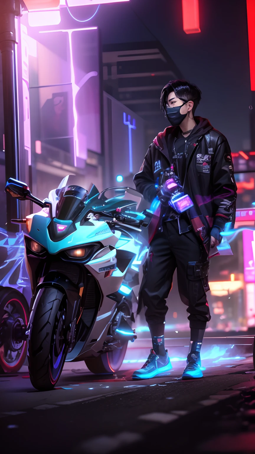 cyberpunk handsome korea boy, realistic face 8k, ultra realistic. City street., bokeh