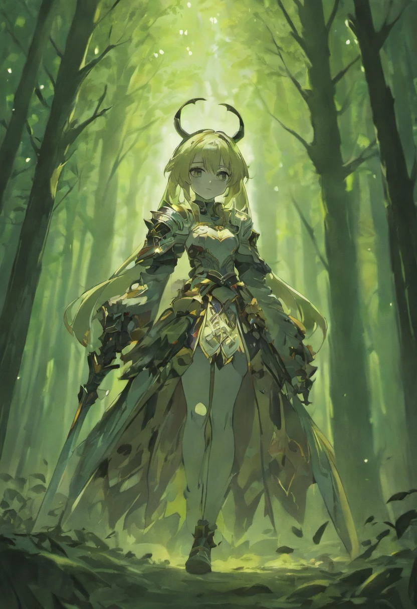 illustration in hallow knight style, dark forest, white lights, cinematic