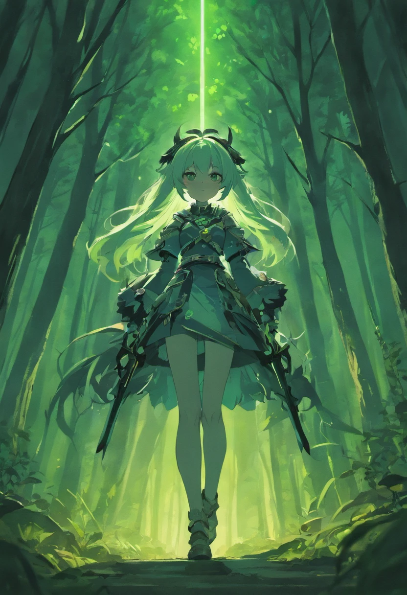 illustration in hallow knight style, dark forest, white lights, cinematic