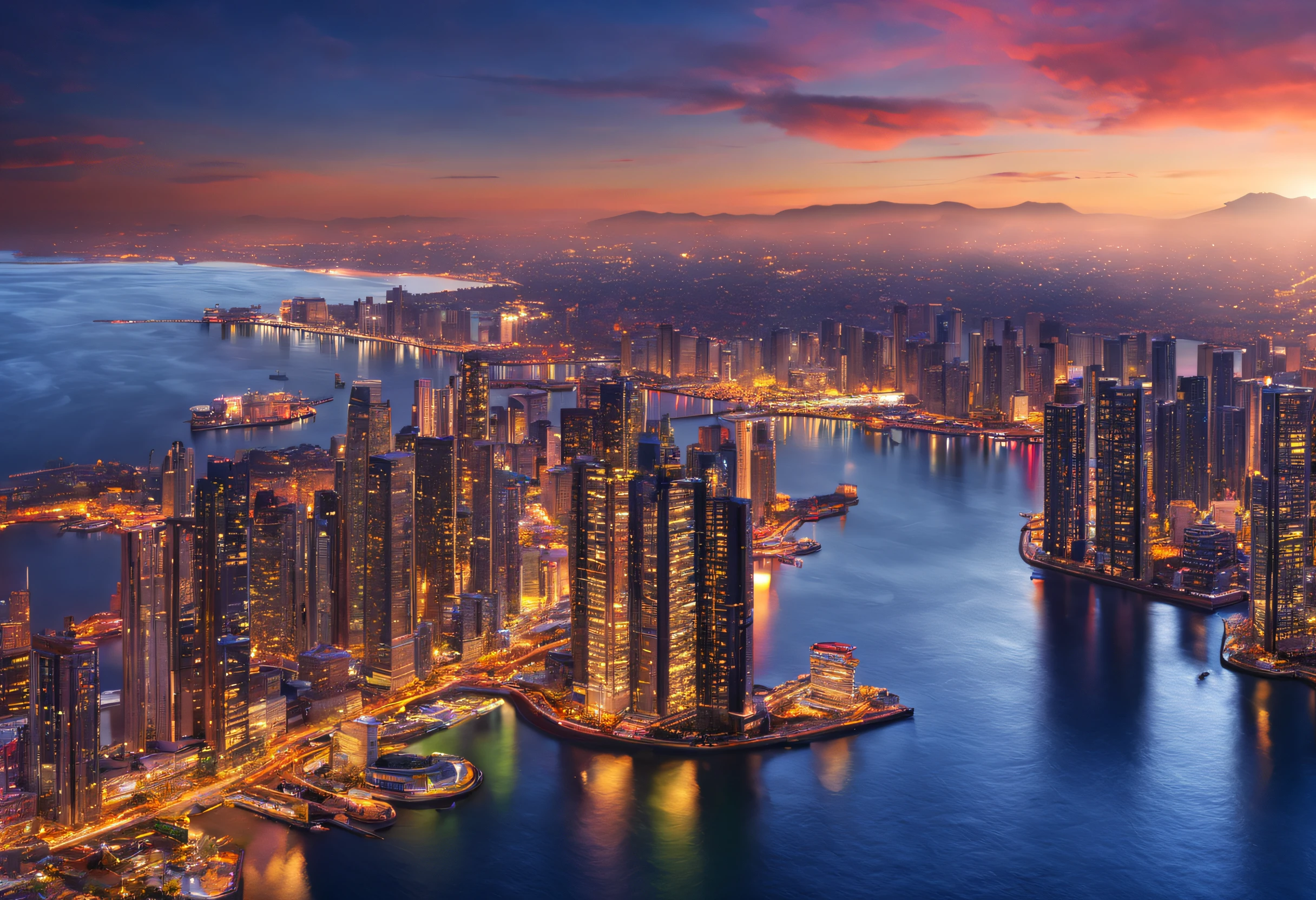 floatingcity,seaside,modernarchitecture,impressive skyline,breathtaking view,crystal-clear water,reflecting sunlight,serene atmosphere,glowing lights,high-rise buildings,panoramic view,unforgettable experience,twinkling stars,glittering reflections,glistening waves,vibrant colors,harbor,swaying boats,tranquil ambiance,urban paradise,(best quality,4k,8k,highres,masterpiece:1.2),ultra-detailed,realistic:1.37,HDR,UHD,studio lighting,physically-based rendering,extreme detail description,professional,vivid colors,bokeh,watercolor painting,warm-toned palette,dreamy atmosphere,flickering streetlights,ethereal beauty
