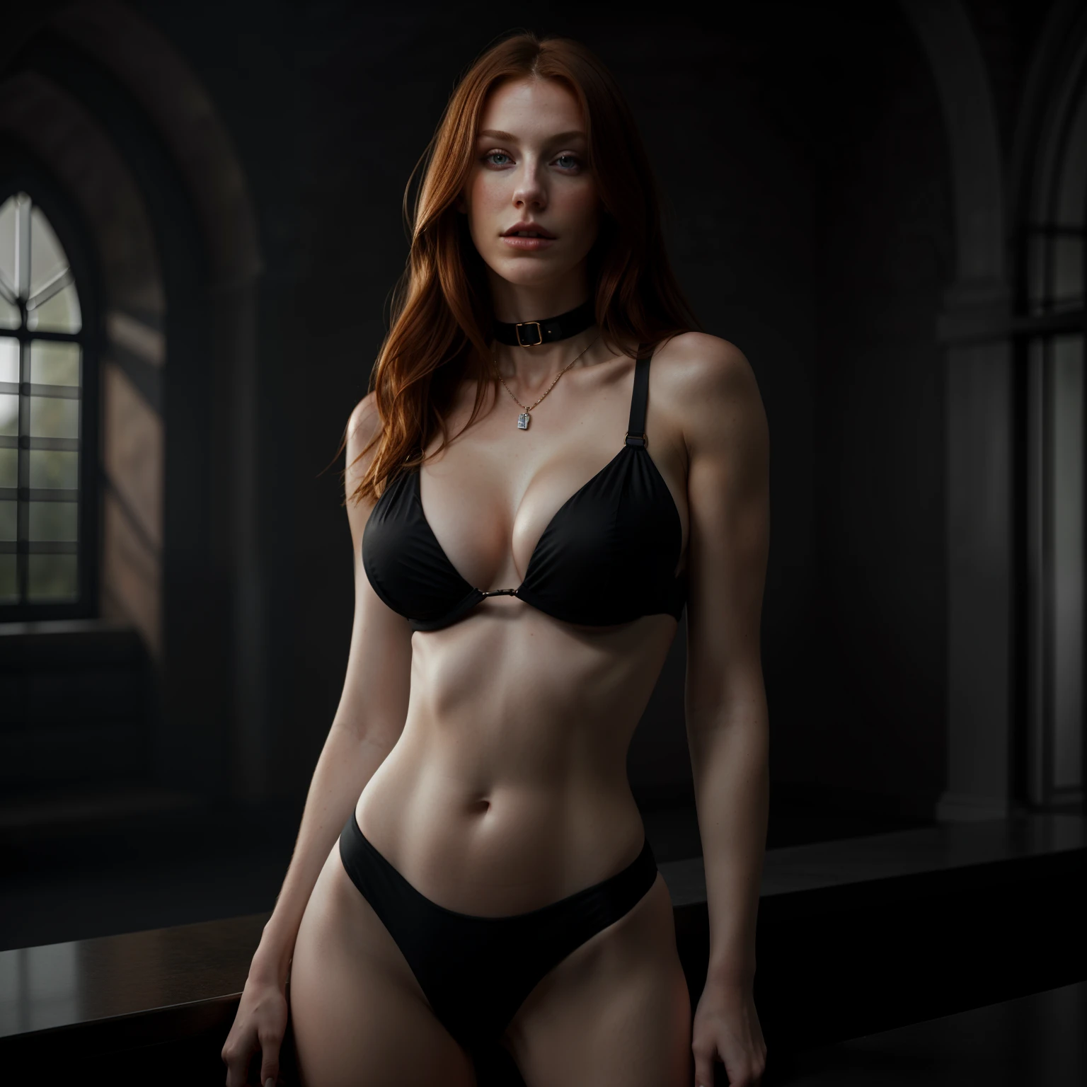 Btflindngds, a beautiful girl named Elizabeth, big lips, ginger, gorgeous actress, european, photograph by artgerm and (greg rutkowski:0.3), (cinematic:0.4) lighting, big natural breasts, breast cleavage, bikini, dark Mansion , skinny body, jewellery, chokers, very hot girl