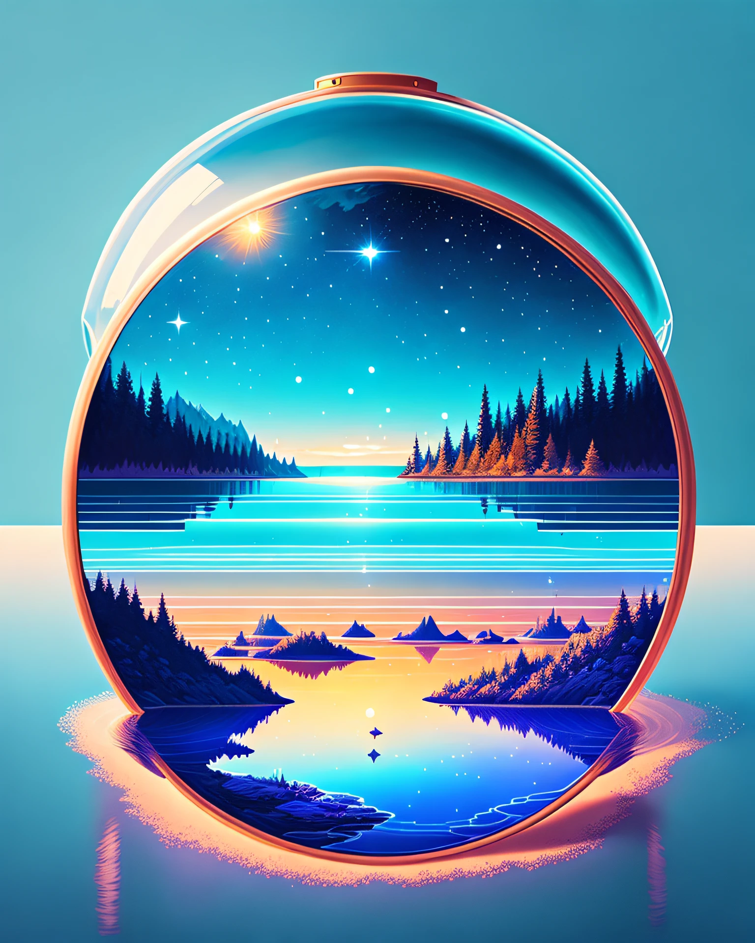 A clear blue lake with endless water, super detailed, in the style of dan mumford and marc simonetti, astrophotography
