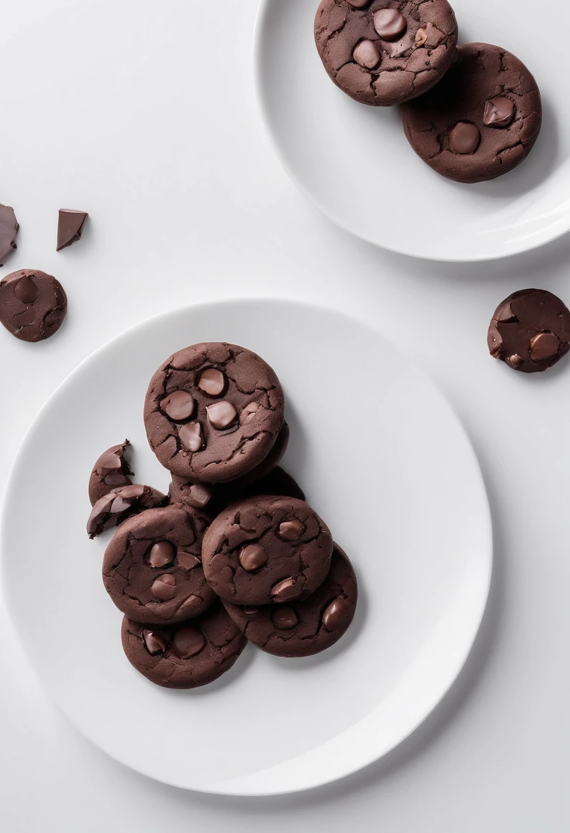 (realistic) (masterpiece) (hd) (best quality) plate of delicious chocolate fudge cookies, melty chocolate chips, clean white minimalistic background