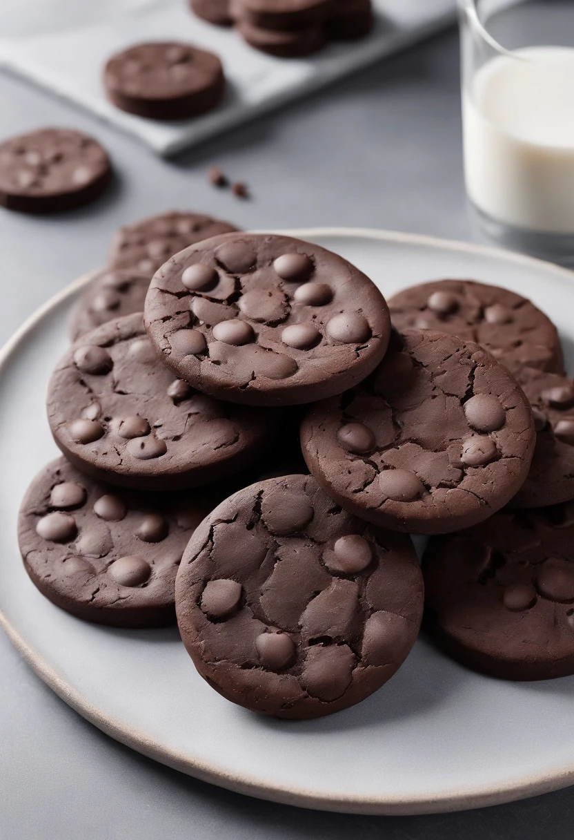 (realistic) (masterpiece) (hd) (best quality) plate of delicious chocolate fudge cookies, melty chocolate chips, clean white minimalistic background