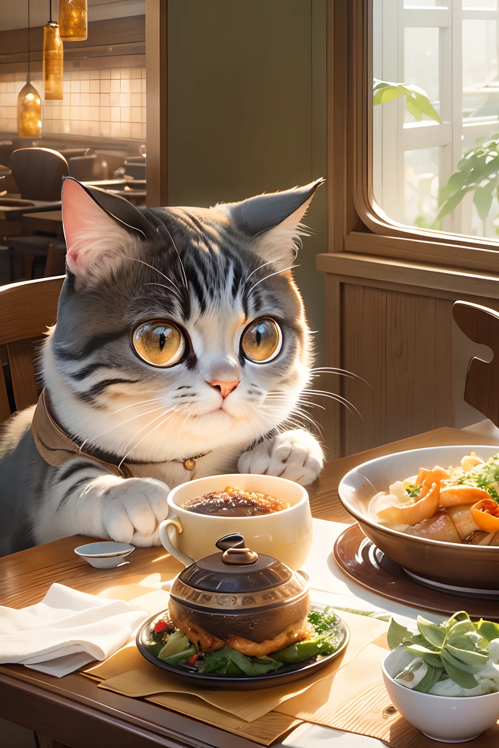 Western-style restaurant, A round-eyed cat sits at the dining table, There is a braised fish on the table, Sunlight outside the window.