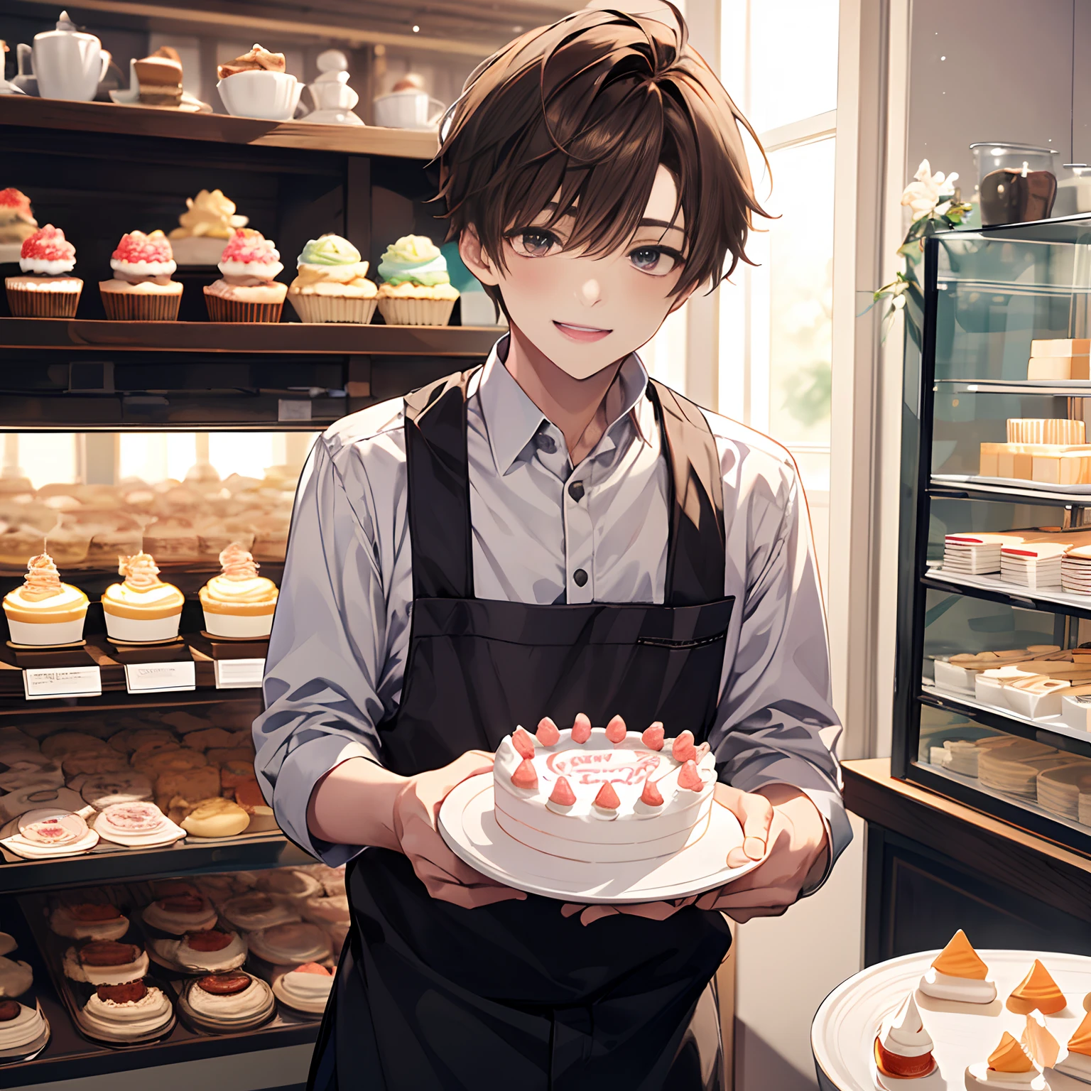 1 boy, brown hair, gentle, a guy working at a cake shop, smiling sweetly, omega