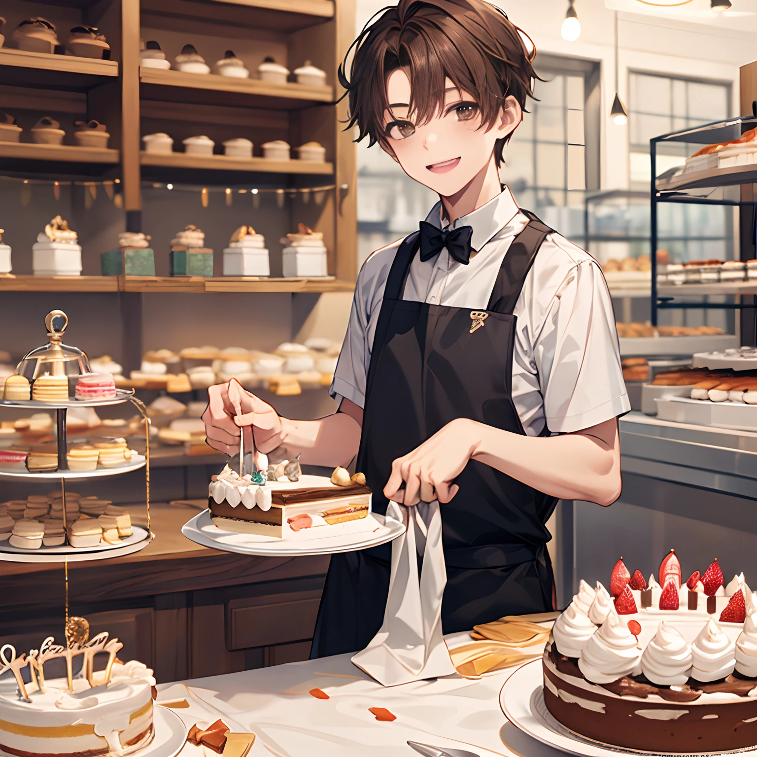 1 boy, brown hair, gentle, a small guy working at a cake shop, smiling sweetly, omega