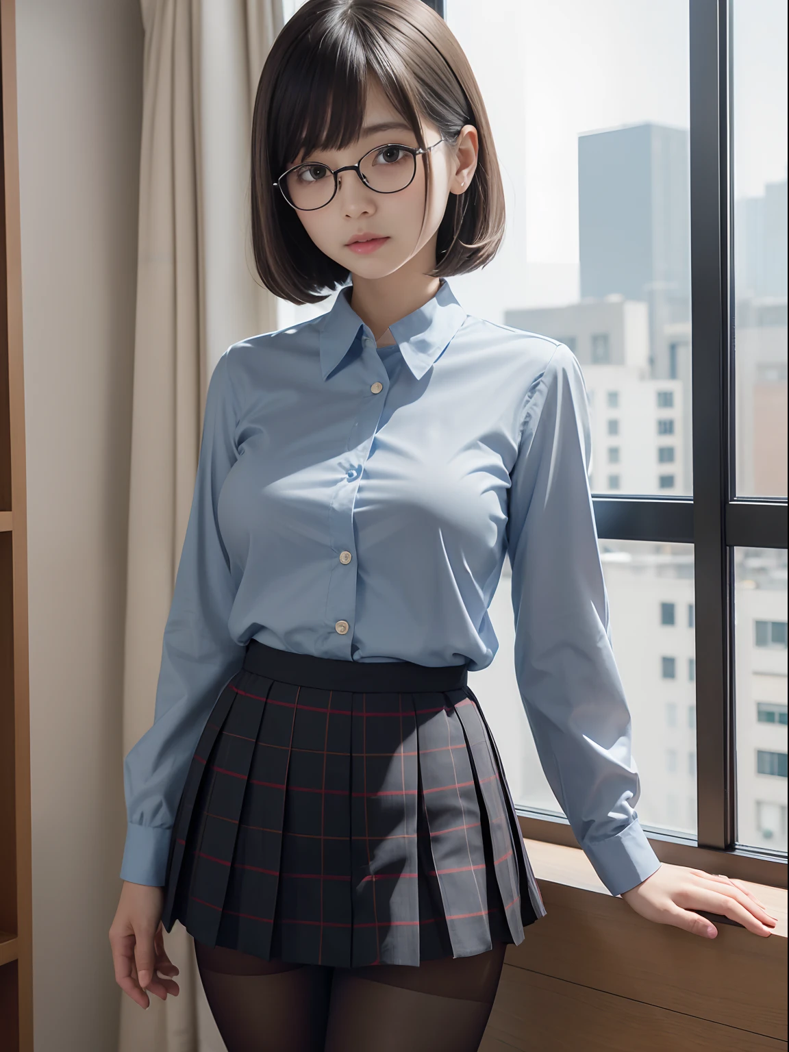 (Long bob cut)、(Underwear is visible)、((Narrow-eyed))、((Narrow-eyed))、((Narrow-eyed))、(8K、Raw photography、top-quality、masterpiece:1.2),((small tits))、((small tits))、((small tits))、((small tits))、((small tits))、((A-cup))、((A-cup))、((A-cup))、((A-cup))、((A-cup))、Has a small、(flat breast)、(flat breast)、(flat breast)、(flat breast)、(flat breast)、(being thin)、Dark look、Rasping,glamor,Chromo-white skin,cocky,School,watching at viewers,Looking at the front,Muchimuchi,High-pitched clothing,Erotic,Pupils,de pele branca,kne,((Black pantyhose)),absurderes,a small face,,Forehead visible,Bangs hanging from the left and right sides of the forehead,(a cold expression,Tight eyes,glares,Bullish,irate)、masterpiece,top-quality、超A high resolution,Raw photo,ren,Beautiful fece,One Person, 独奏,eye glass,,Dark look,Small breasts,fullllbody,Round glasses,JK school uniform,hi-school girl,A Japanese Lady,is standing,(Photorealsitic:1.37)、Photon mapping,Realistic、Beautie,Cute little face,Brown-eyed、Black socks、Radio City、Physically Based Rendering、depth of fields、Blurry background、a picture,Body,beauty legs, Long legs, Thin leg,(Bangs are visible), hair, s lips, Blue_The eye, nosesoft,(Light blue shirt), (Navy and blue and white plaid pleated skirt), Knees are visible,Sheer clothing,, Thigh, Black cotton socks,Nogizaka Idol, 女優, Japanese ido