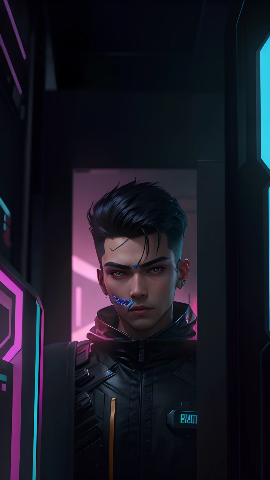 Chang background cyberpunk handsome boy. Relastic facE, 8k