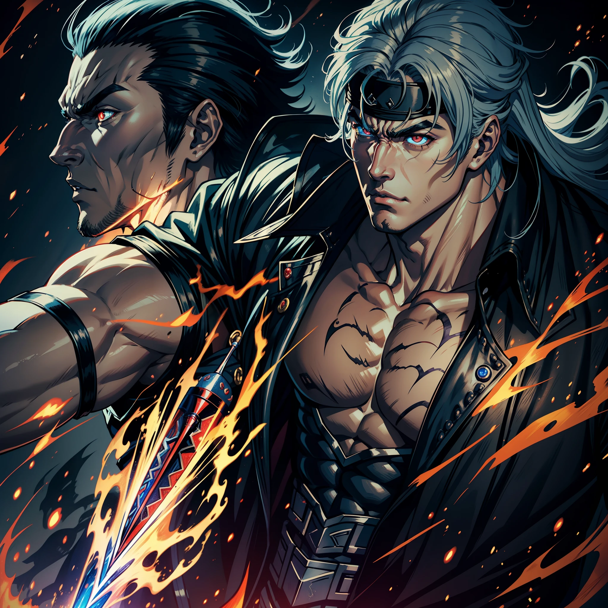 Hokuto no ken kenshiro Face Castlevania Lord of the shadows hyper realistic super detailed muscular handsome face red glowing eyes fierce face