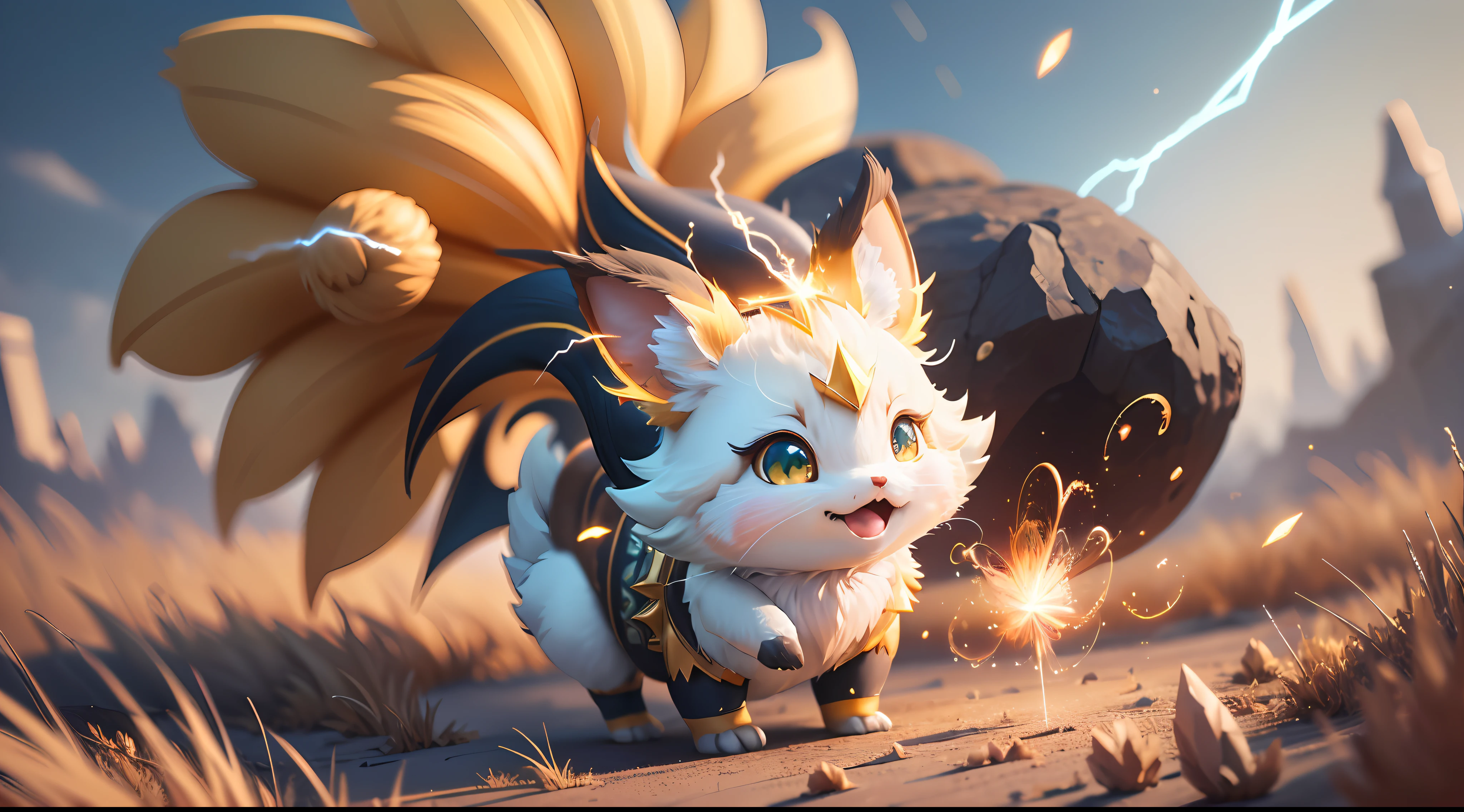(extremely detailed CG unity 8k wallpaper, masterpiece, best quality, super detailed), (best lighting, best shadow, extremely delicate and beautiful), floating, [(1pokemon:1.2)), cute, yellow fur, black-pointed ears, big sparkling eyes, cute red face, chubby body, lightning tail, playful pose,] [(white clouds, blue sky, green grass, sunny days, faint nostalgia and joy): 0.6], [(sparks), bubbles, Electrical effect, energy burst): 0.4], (masterpiece), [high resolution], (very detailed CG 8k wallpaper), (best quality: 1.0), (super high resolution: 1.0)