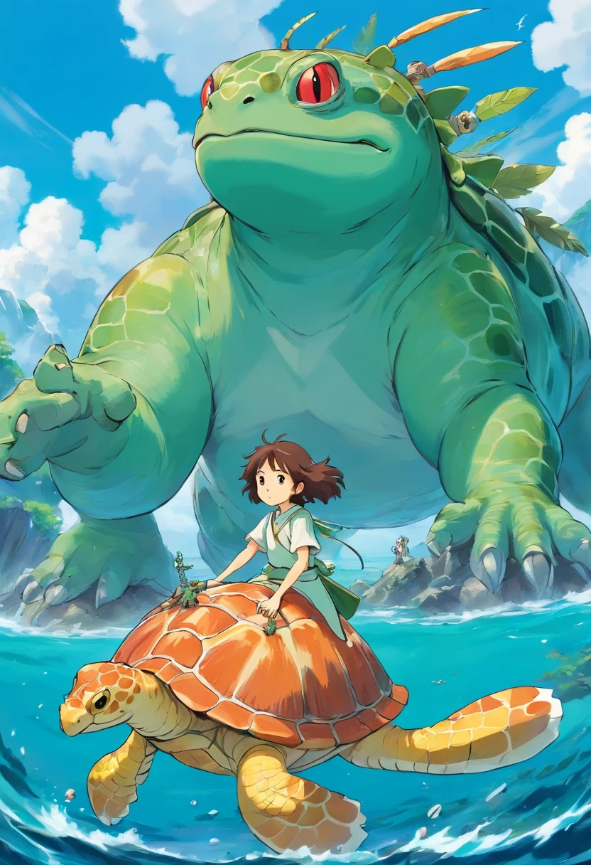 A beautiful fusion monster,????? head,The limbs are frog palms,Carrying a turtle shell,anthropomorphic turtle,warriors,Fantastical colors,Natural,Take the Sea King Trident,Stand on the sea with your waist crossed
