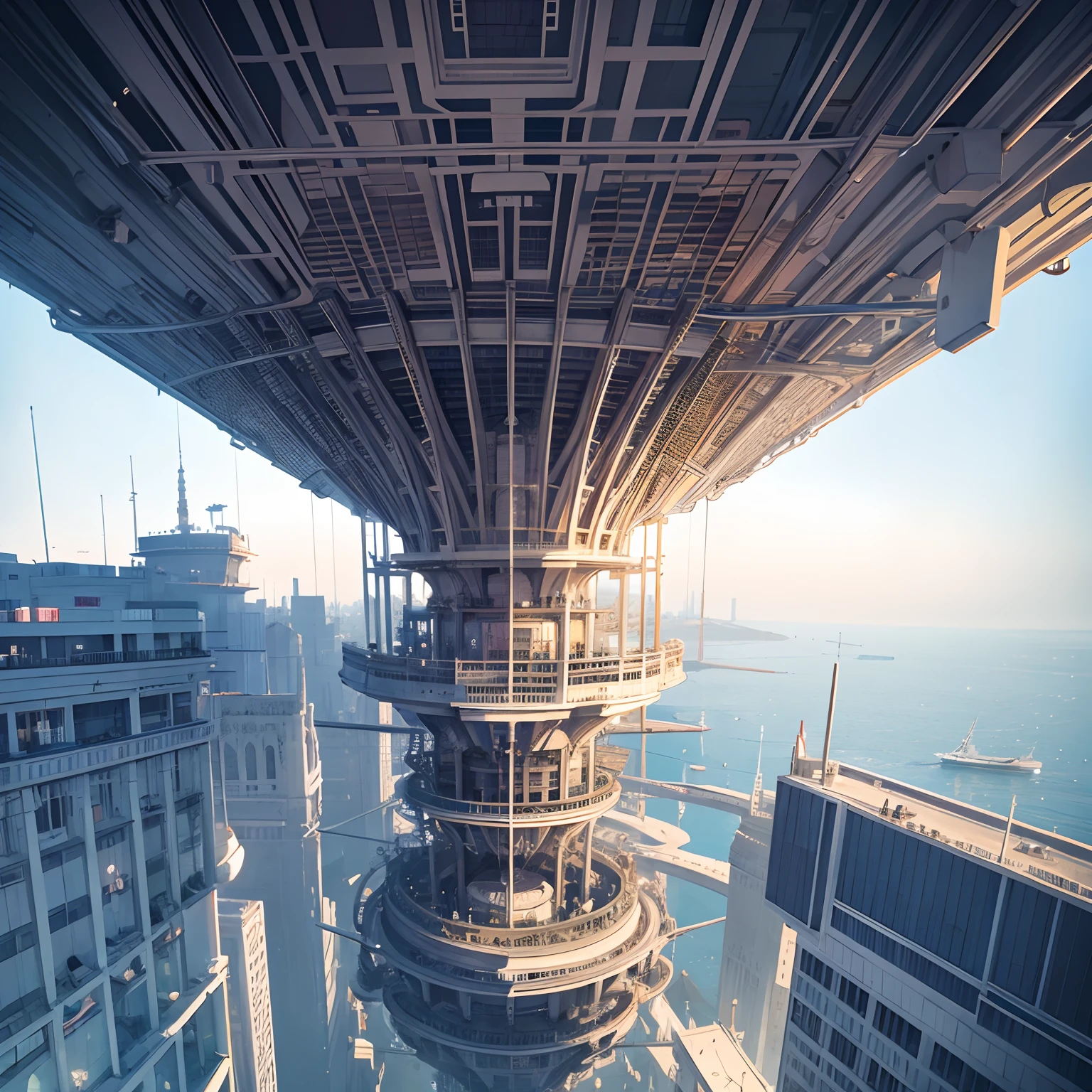 finest image, detailed and delicate depiction, A modern floating city laid out like a web