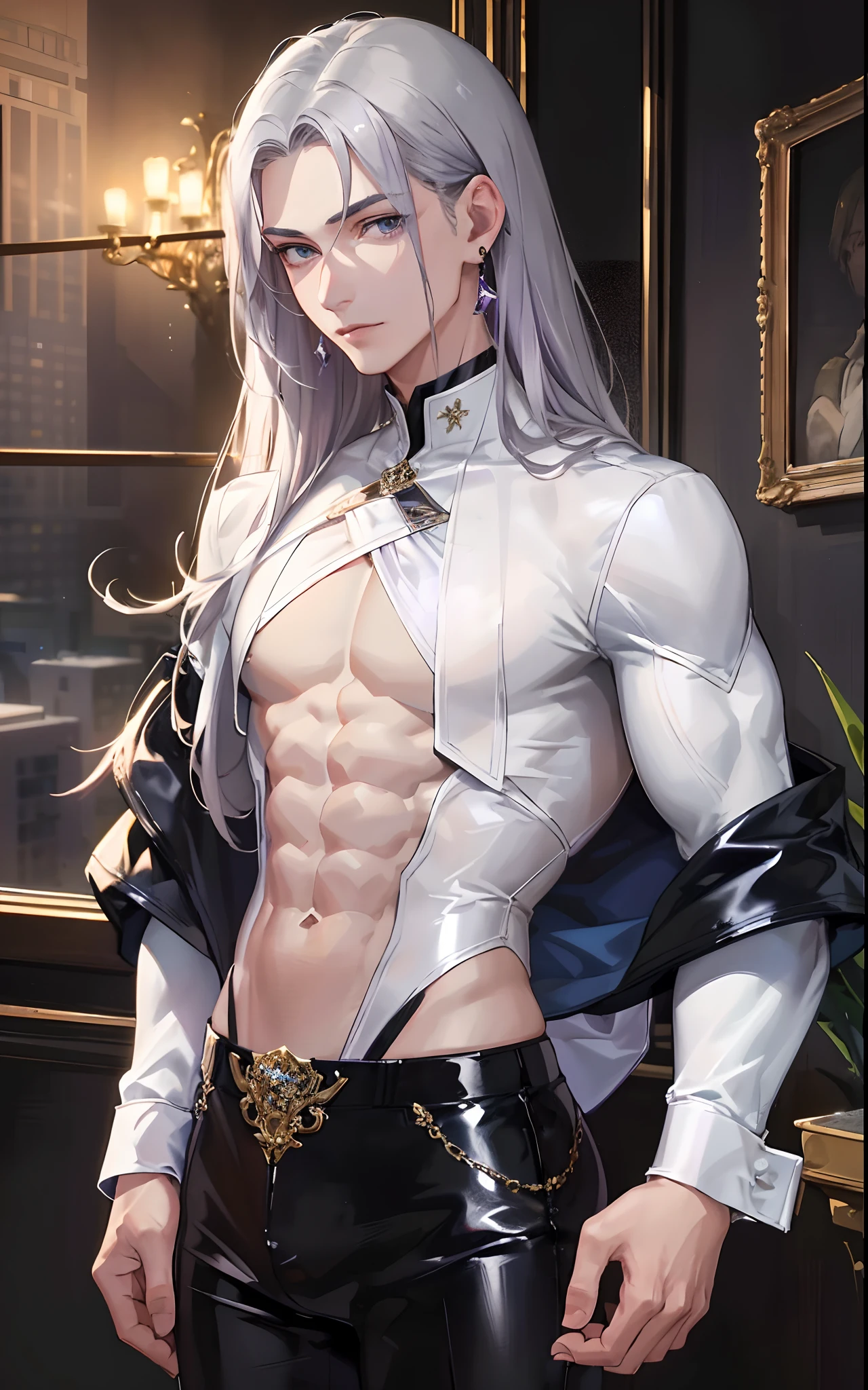 man, masculine, masculine face, attractive, muscular, ((1man)), masterpiece, absurdres, best quality ,intricate details , (shiny skin, shiny body, shiny oily luster skin, shiny hair, pale skintone), Sundown, attractive, ((muscular)), adult, one, ((open chest)), ((no blouse)), earrings, black pants, Don't look at the view , Not looking at the view, purple blue long hair, perfect detailed face, perfect detailed hands, vampire, silver gray eyes, ((MLS)), medium large shoot