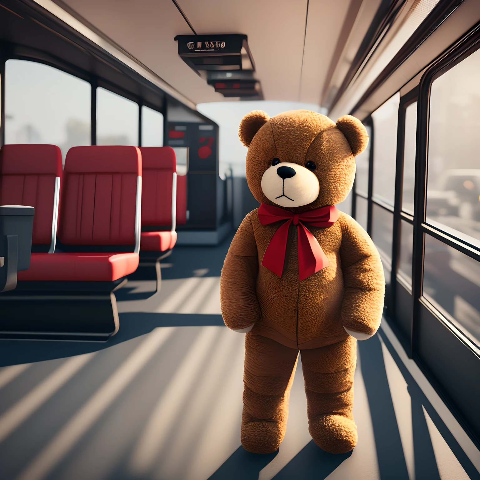 Cute teddy bear going to work on the bus, unreal engine render, in 8K, Cinematic,A smile