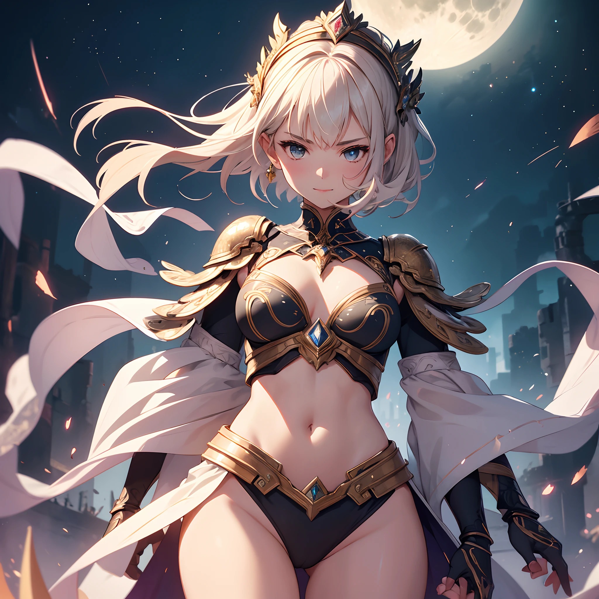 1girl, solo, super fine illustration, an extremely delicate and beautiful, best quality, masterpiece, cute face, short hair, rosy cheeks, 2D, full moon, reaching the moon by waving hand, lipstick, innocent hair accessory in the shape of stars, youthful impression, moderate sized chest, armor with ample space for chest, emphasizing bust, mischievous smile, placing hand on mouth, gemstones embedded in intricate details of the armor, palms clasped in front of chest, futuristic background, roaring with eyes closed and facing upward, hands in a posture of determination, vibrations spreading around, howling pressure, countless streaks of lightning surrounding the body, gun action, full metal weapon, all fired bullets.