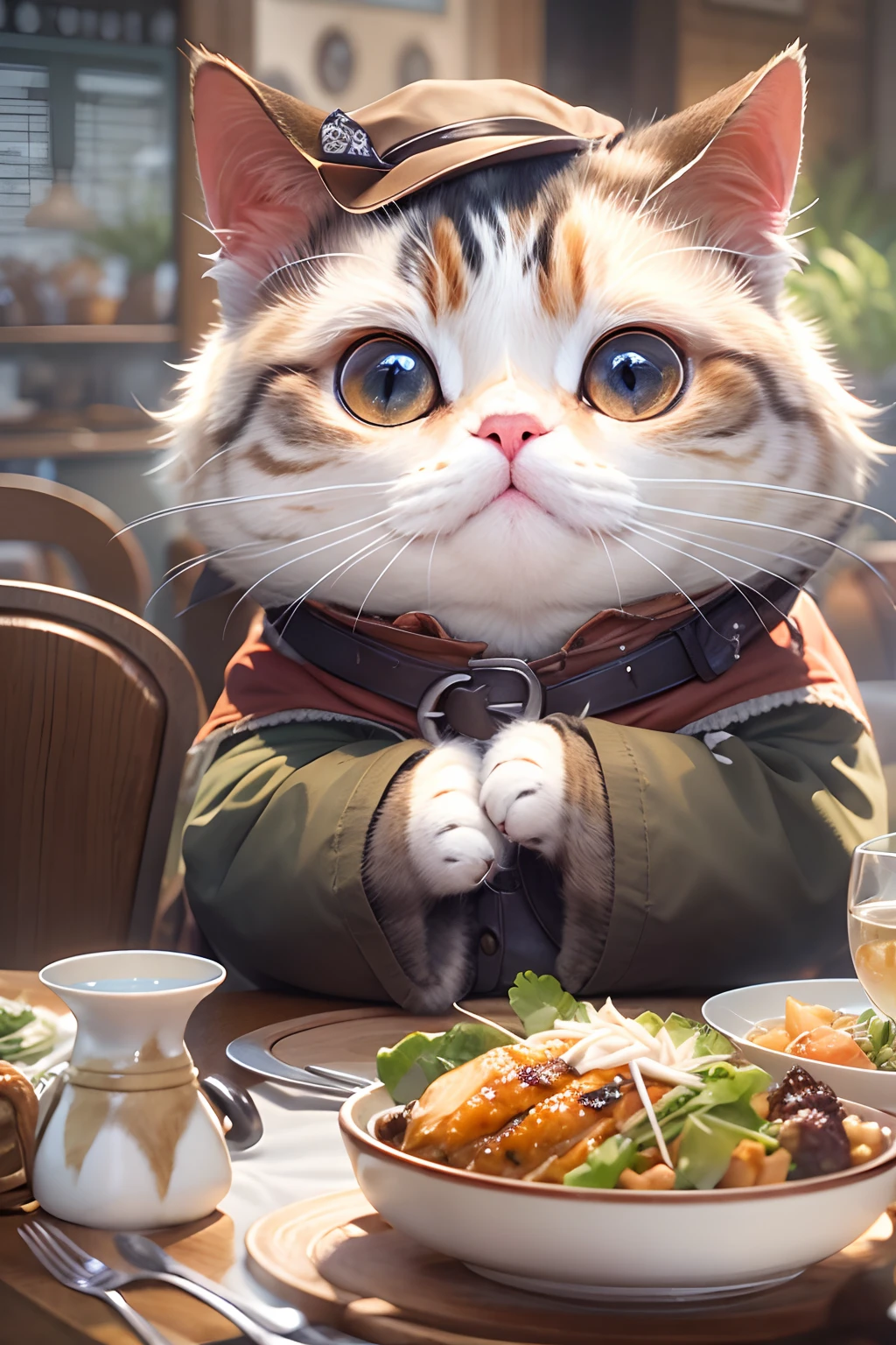 Western-style restaurant, A round-eyed cat sits at the dining table, There is a braised fish on the table.