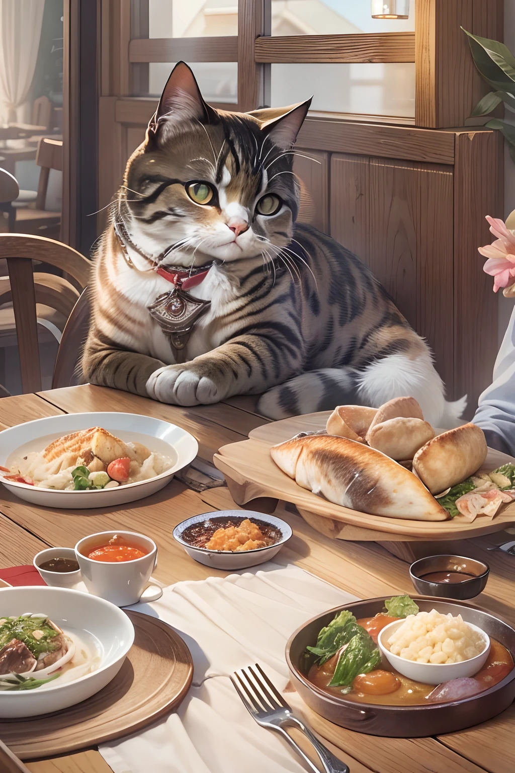 Western-style restaurant, A round-eyed cat sits at the dining table, There is a braised fish on the table.