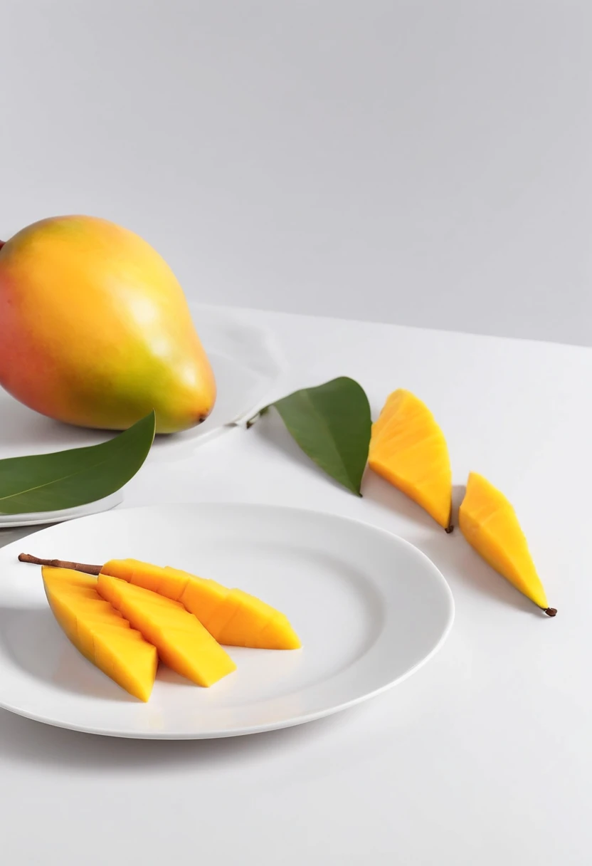 (realistic) (masterpiece) (hd) (best quality) plate of delicious mango tangulu, clean white minimalistic background