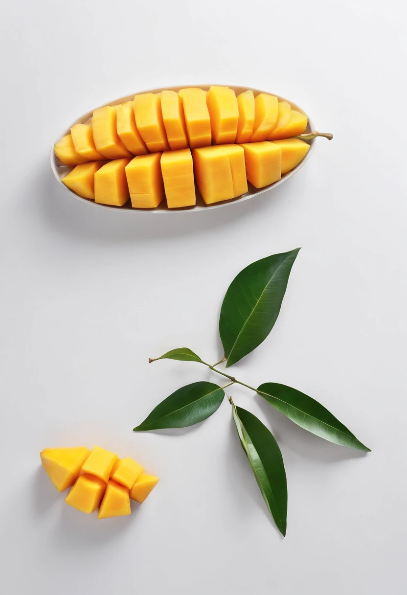 (realistic) (masterpiece) (hd) (best quality) plate of delicious mango tangulu, clean white minimalistic background