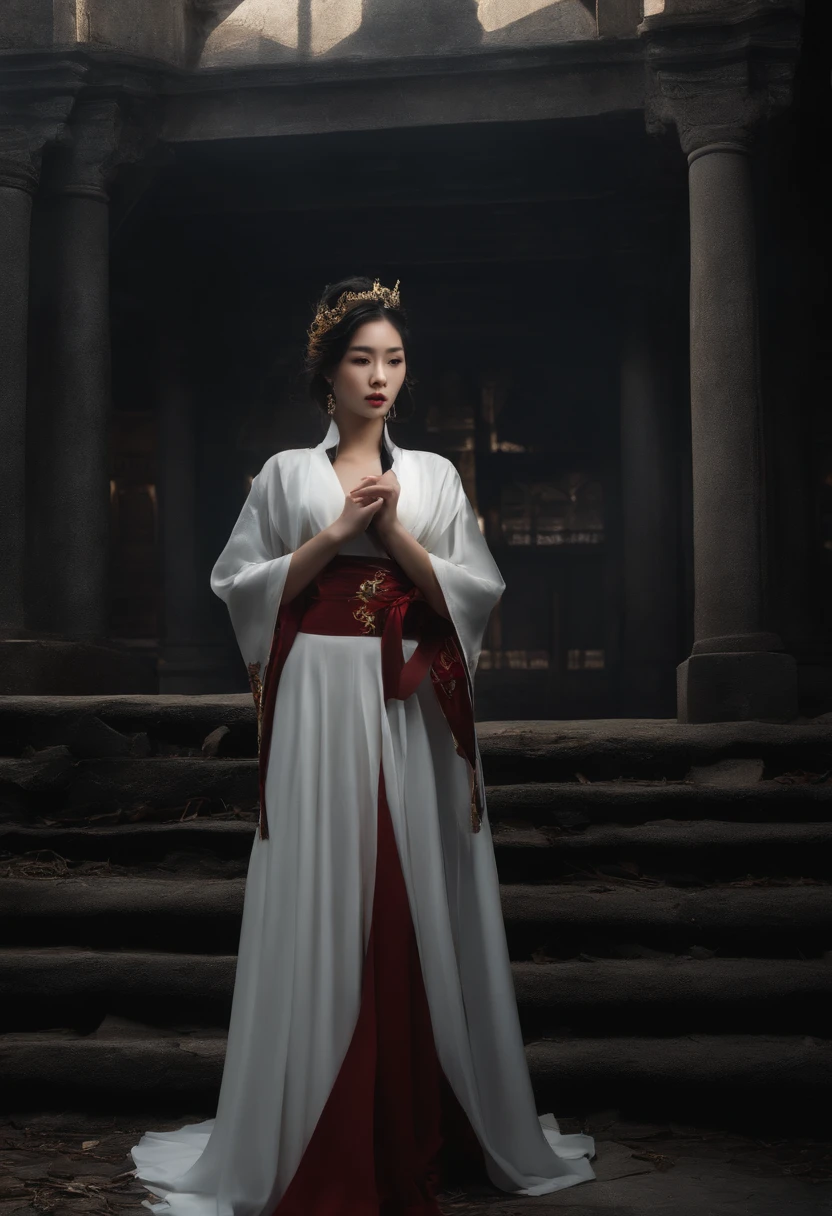 1girl, (shapely body), (solo), 19 years old, hdr, suit, Hwa Ryun stands in the semi-darkness of a ruined building surrounded by opponents. Her black robe sticks to her body, as if taking on a shadow, and the golden patterns on her mask shine in the dim light. Sharp, elegant blades flash in her hands.