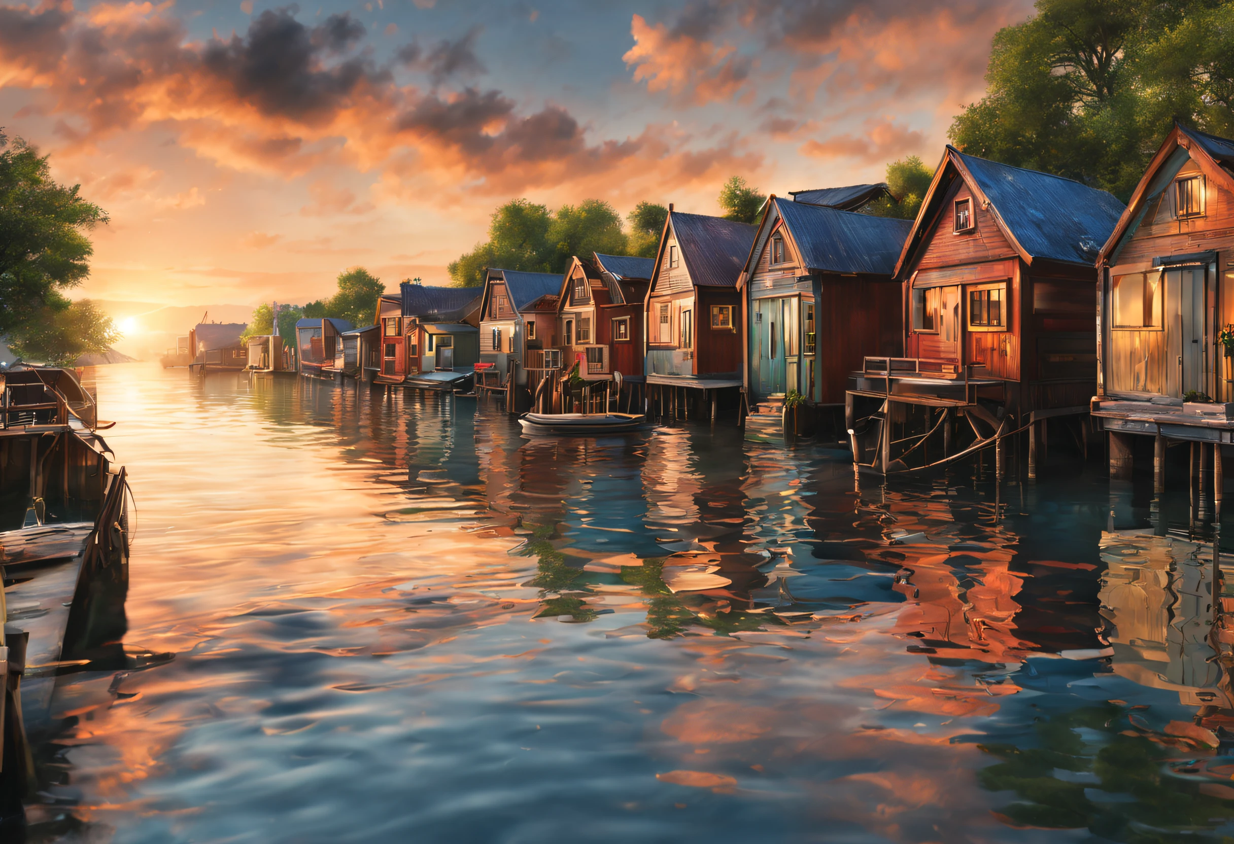 (best quality, 4k, 8k, high resolution, masterpiece: 1.2), ultra detailed, (realistic, photorealistic, photorealistic: 1.37), a city of floating houses on the water, a calm atmosphere, extraordinary beauty, cover photo from the national geographical magazine