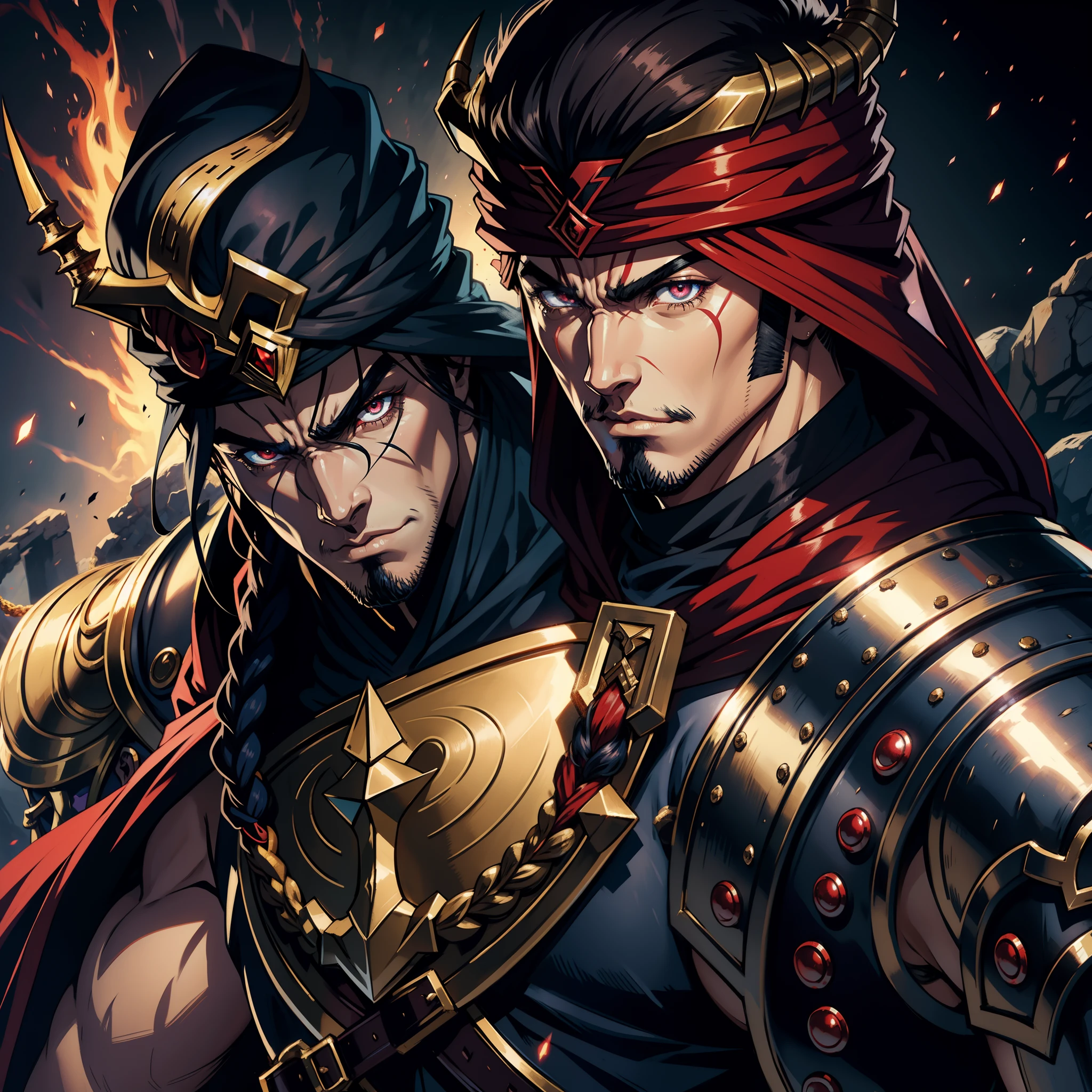 Hokuto no ken kenshiro Arabian face moroccan wear with armor combined red turban Wear head Castlevania Shadow Lord hyper realistic super detailed muscular beautiful red face shiny eyes fierce face