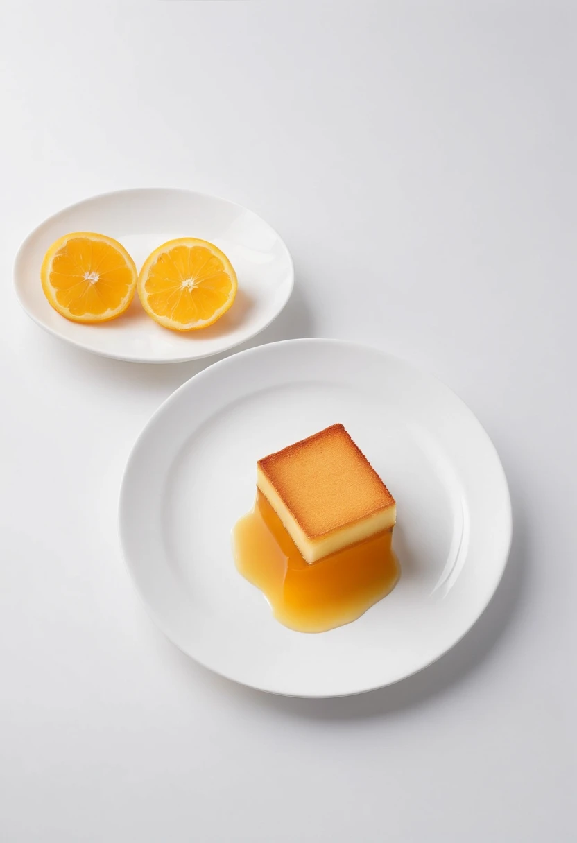 (realistic) (masterpiece) (hd) (best quality) plate of delicious soft honey castella , clean white minimalistic background