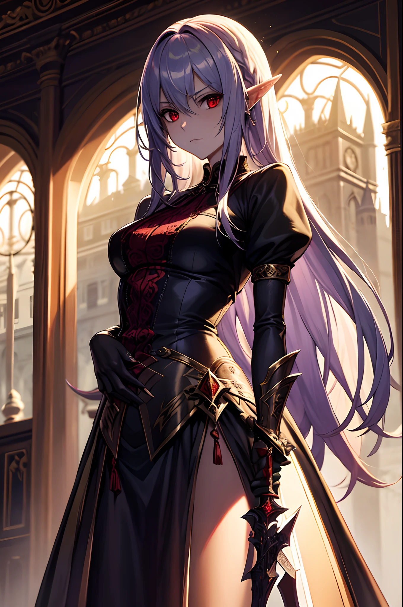 goth style，femele，magia，One-handed sword at the waist，Sword Master，whaite hair，Blood-red eyes，Stand in a creepy Gothic castle，Elven traits，Elegant and beautiful，shudder，the detail，Clear hands