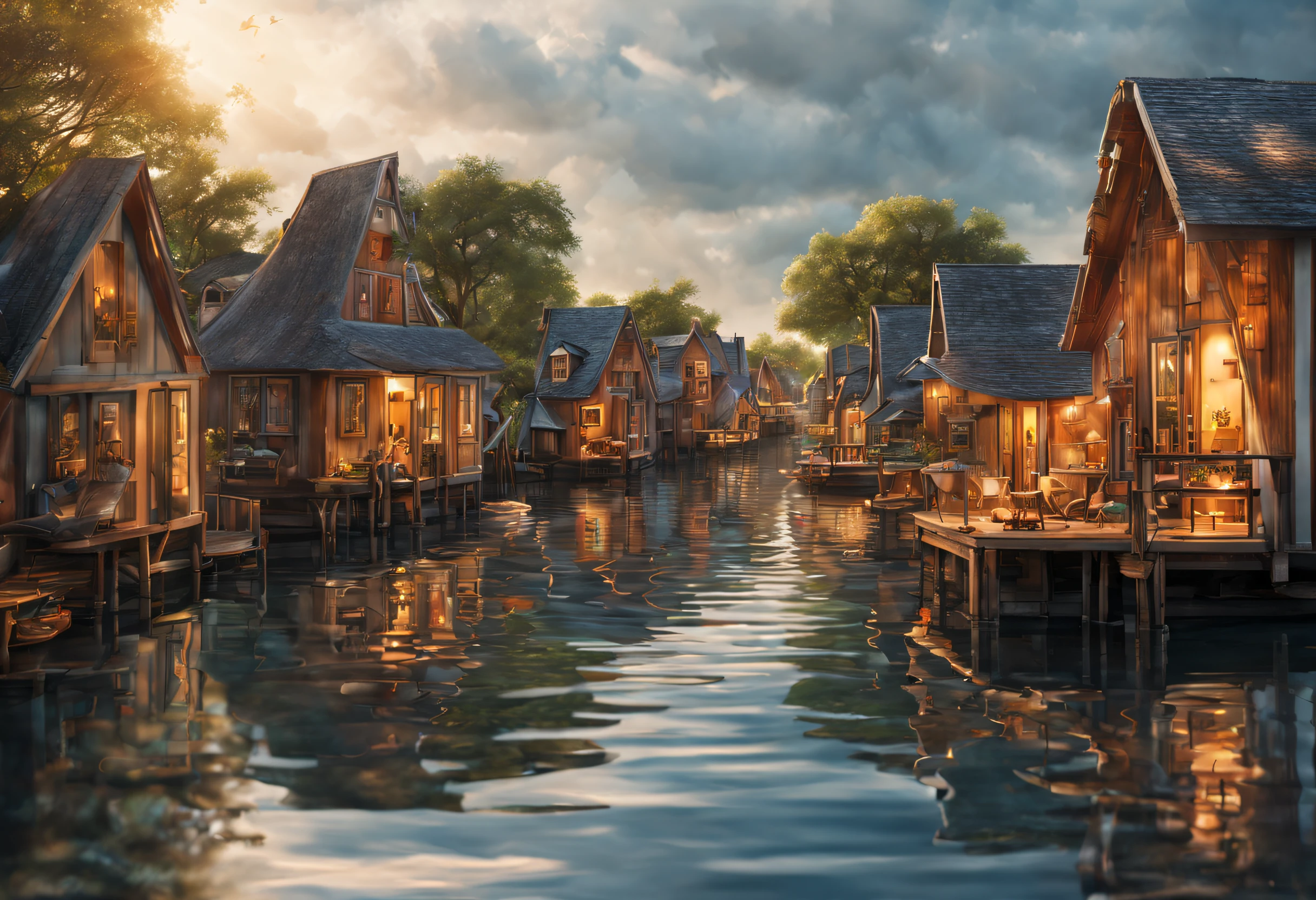 (best quality, 4k, 8k, high resolution, masterpiece: 1.2), ultra detailed, (realistic, photorealistic, photorealistic: 1.37), a city of floating houses on the water, a calm atmosphere, extraordinary beauty, cover photo from the national geographical magazine