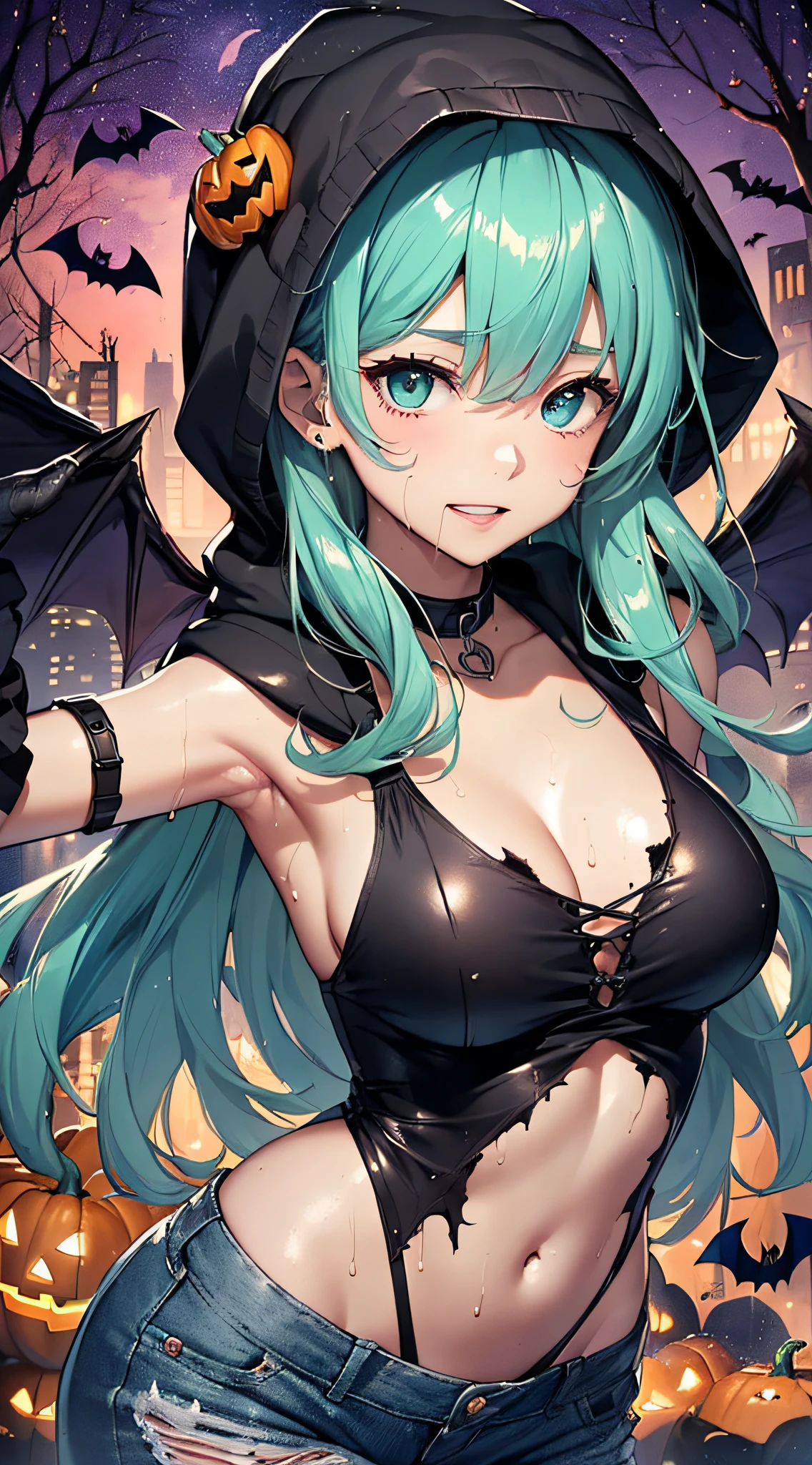 top-quality、Top image quality、masterpiece、teens girl((sixteen years old,Succubus、Black tattered tank top,Tattered blue long pants、Tattered orange short-sleeved hoodie、Wearing a hood,Best Bust、Bust 85、Light blue shiny hair、Longhaire,Blue-green eyes、open chest wide、Valley、Happiness、A slender、the whole body is wet、Leaning forward、closing eye、Laughing mouth、Spread your arms、Pointed teeth、Black wings))hiquality、Beautiful Art、Background with((night cityscape、Red sky、Very heavy rain of blood,Halloween))、masutepiece、Elaborate design、visualart、Theatrical films