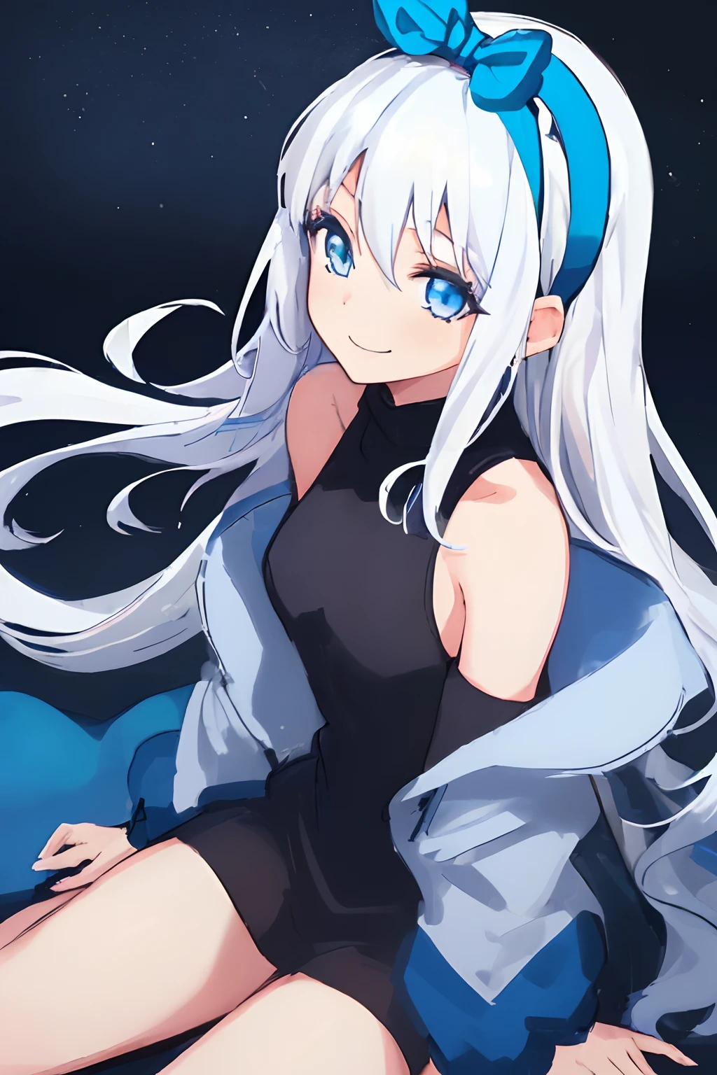 ((((1 girl)))), ((((solo)))), fullbody, ((((white hair)))), long hair, ((((blue hairband)))), ((((blue eyes)))), happy, smile, 18 year old, dynamic angle, Cold-Shoulder Sleeves, knit,  Hip Length, night,  park, in the tokyo
