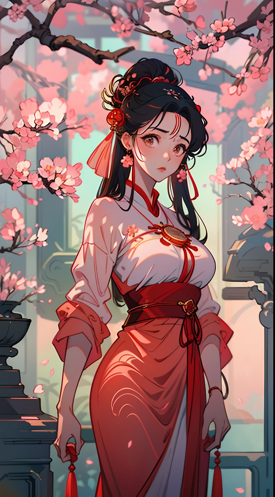 A beautiful girl in ancient China，Bust，Lovely temperament，Light red long dress，In the background is a large tree，Huge peach blossoms，rays of sunshine，Clear face，tmasterpiece，ultra - detailed，Epic composition，high qulity，HighestQuali，4K