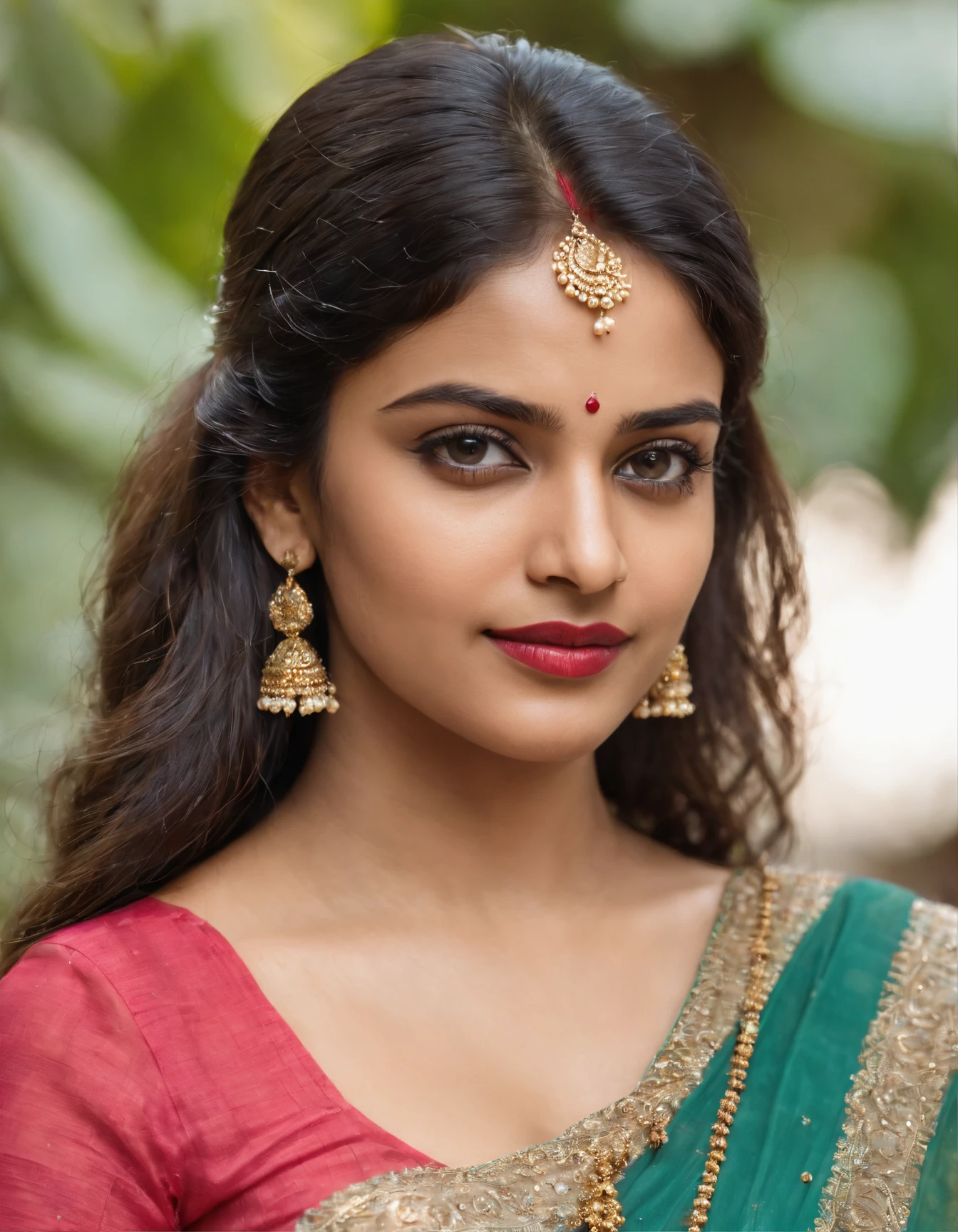 40 years old Tamil girl posing wearing blouse and saree below, full body view, perfect face, perfect eyes, perfect lips, 20 years old, Indian street background, depth of field, big breast, cleavage,