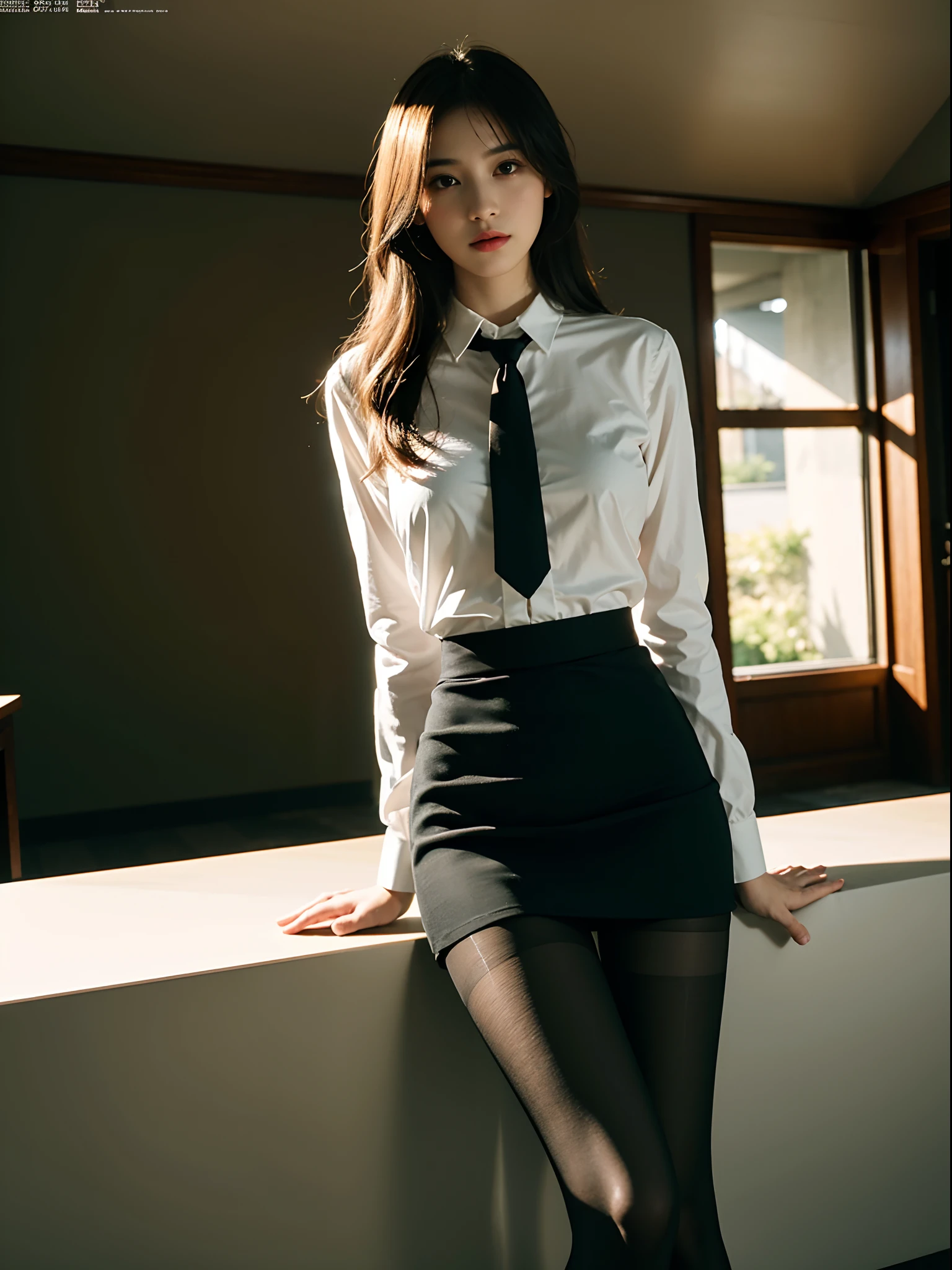 1girl,young girl, shiny skin,medium breasts,nice leg line:1.3, thin waist,school uniform, thighhighs,necktie,((pencil skirt)),looking at viewer,from below,full body, ( pantyhose:1.3),(The golden ratio figure),
masterpiece, best quality, best perspective, ultra-detailed and intricate, extremely delicate and beautiful, best quality light, (ray tracing:1.1), anti-aliasing,
realistic,photorealistic,award-winning illustration,(intricate details:1.2),(delicate detailed) (intricate details),(cinematic light,best quality Backlights),clear line,sharp focus,official art,unity 8k wallpaper,absurdres,incredibly absurdres,huge filesize,ultra-detailed,highres,extremely detailed extremely delicate and beautiful,RAW photo, professional lighting,dynamic lighting,light on the face,depthoffield,solofocus,