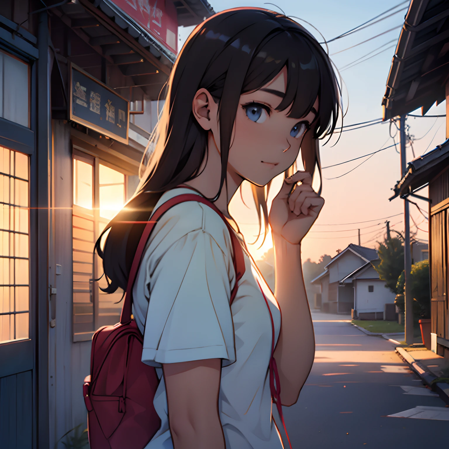 Anime girl with a backpack and a backpack walking down a street - SeaArt AI