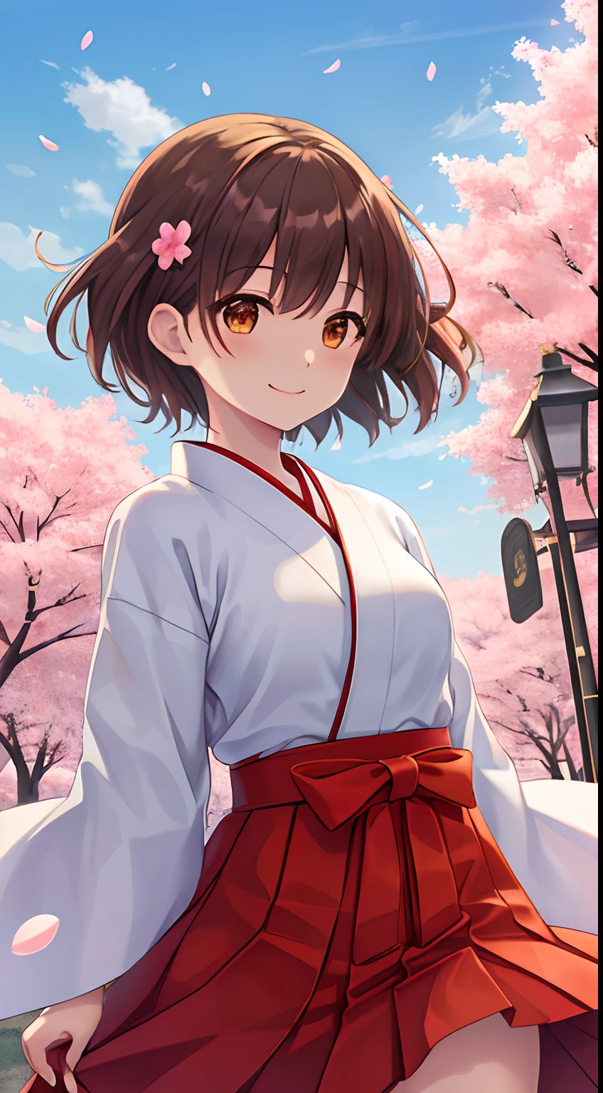 Masterpiece, (Best quality:1.4), Best Illustration, Best shadow, (Beautiful detailed:1.4), finely detailed, (Dramaticlight:0.9), hdr, Ray traching, Intricate details, Cherry blossoms, the cherry trees, (floating sakura), Blue sky, White cloud, 1girll, Solo, Break, (hiryuuchan:1.22), Cowboy shot, Smile, Short hair, (one side up), Small breasts, (Wind:1.33), hakama short skirt, Hakama skirt, Miniskirt, (Orange) komono, hand on own head, Perspective, Brown hair, Brown eyes, view the viewer,