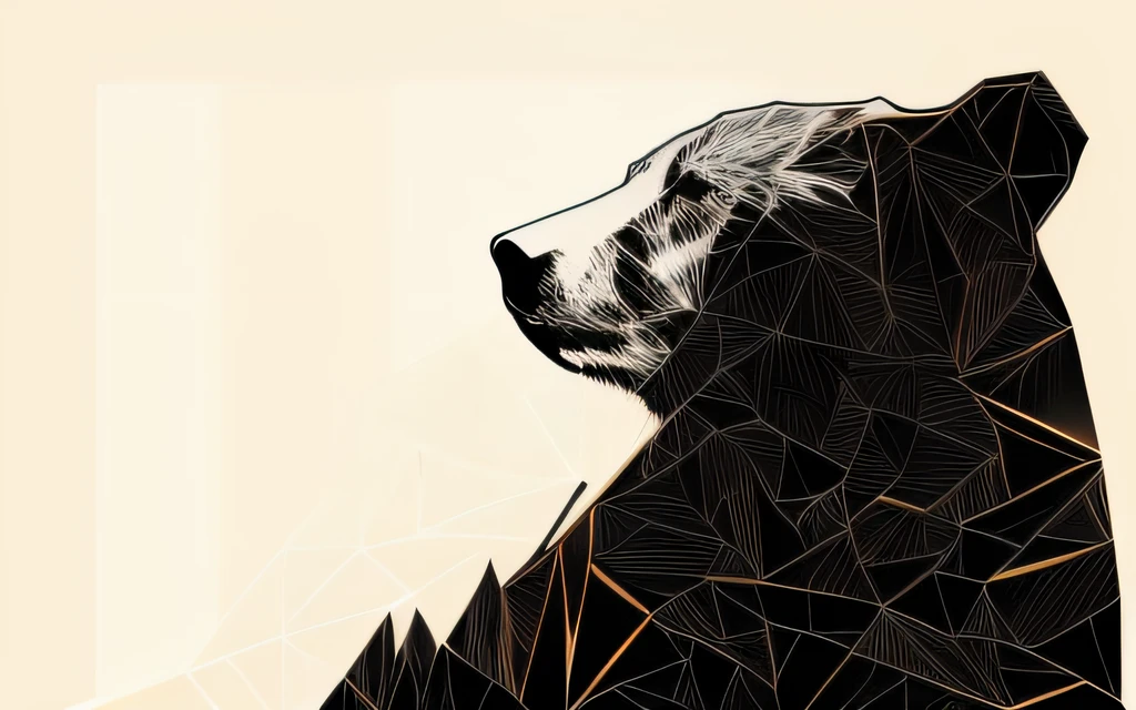 There is a black and white photo of a bear made of paper, Komplizierte digitale Kunstwerke, Great digital art with details, Komplizierte digitale Malerei, zerbrochene Abstraktionen, Digitale Low-Poly-Kunst, Digitale komplizierte Kunst, vernichtend, Komplizierte digitale Kunst, Black and white artwork, Seitliche Profilzeichnung, Hochdetaillierte generative Kunst, Polygonale Grafik, Black and white vector illustration